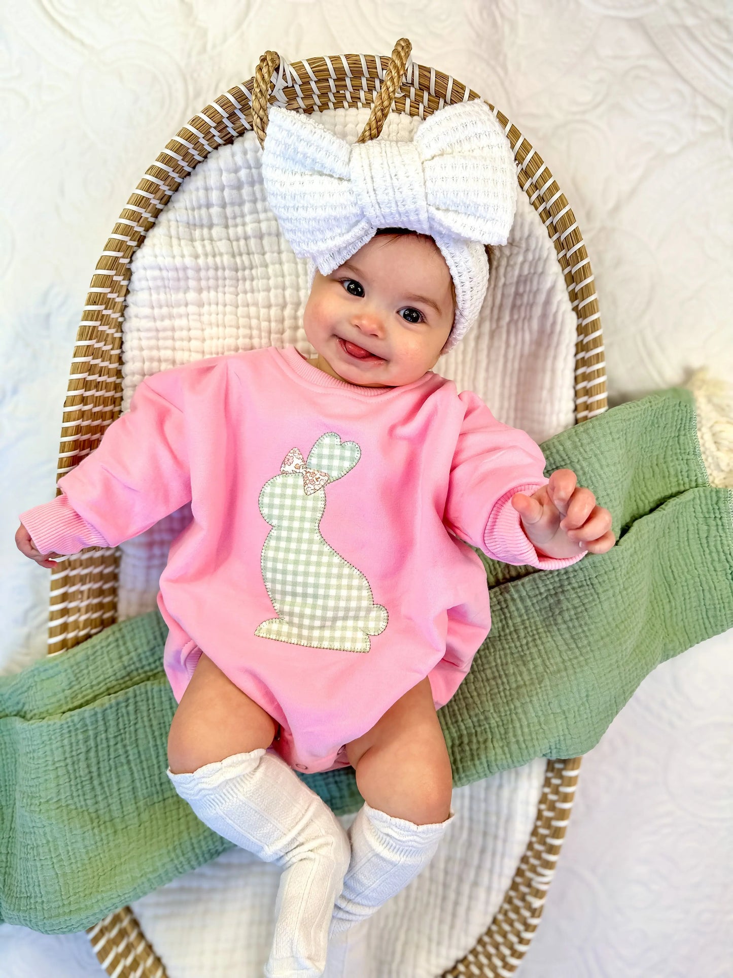Little Joy Co. Applique Bunny Sweatshirt Romper With Embroidered Bow - Apparel & Accessories > Clothing > Baby & Toddler Clothing > Baby & Toddler Outfits