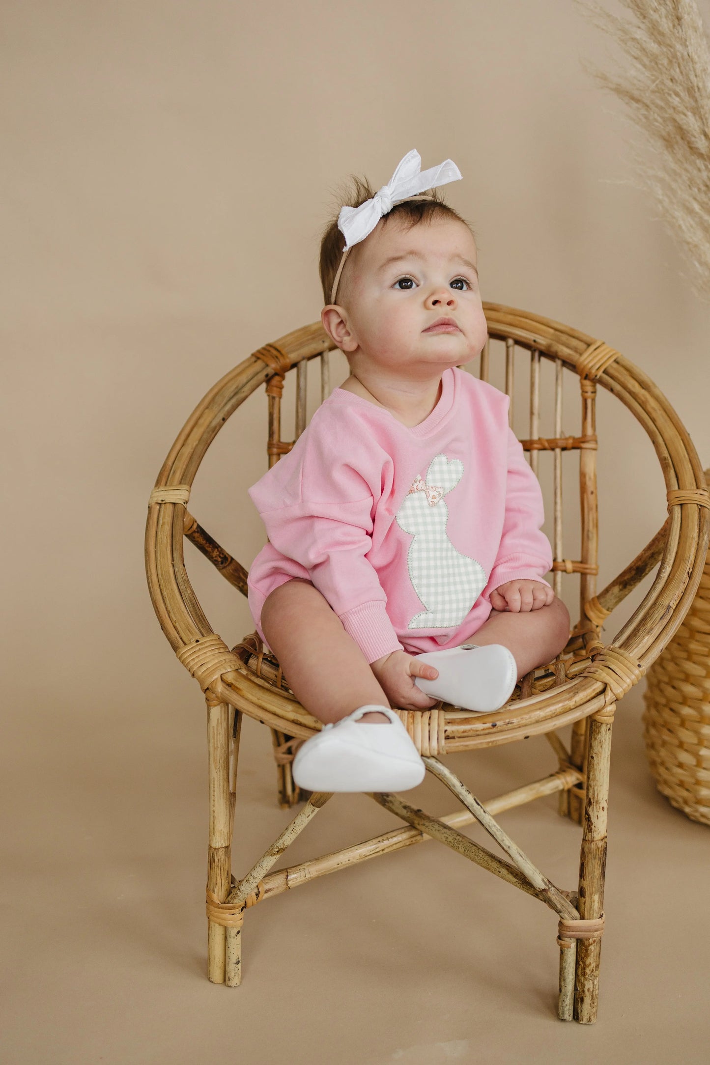 Little Joy Co. Applique Bunny Sweatshirt Romper With Embroidered Bow - Apparel & Accessories > Clothing > Baby & Toddler Clothing > Baby & Toddler Outfits