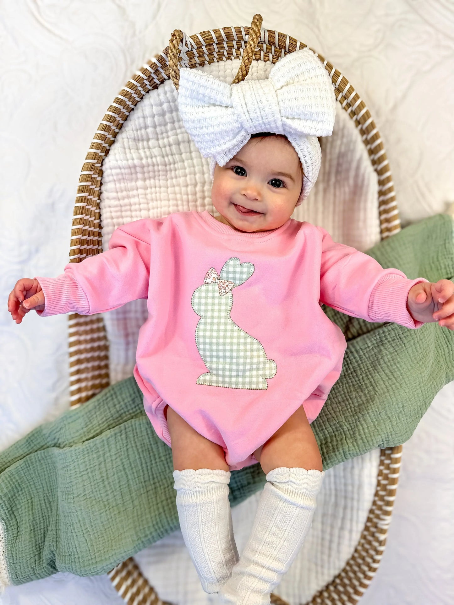Little Joy Co. Applique Bunny Sweatshirt Romper With Embroidered Bow - Apparel & Accessories > Clothing > Baby & Toddler Clothing > Baby & Toddler Outfits