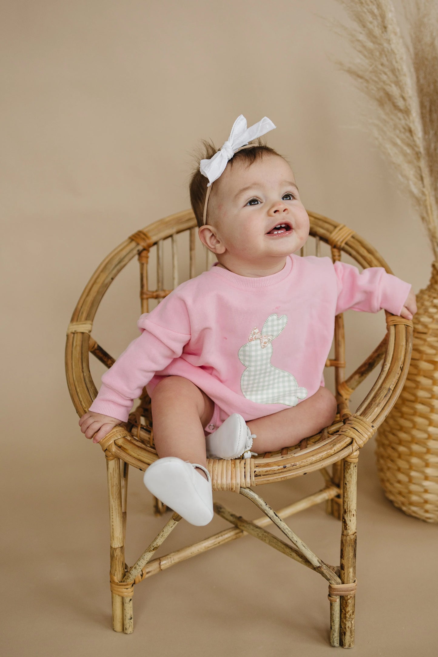 Little Joy Co. Applique Bunny Sweatshirt Romper With Embroidered Bow - Apparel & Accessories > Clothing > Baby & Toddler Clothing > Baby & Toddler Outfits