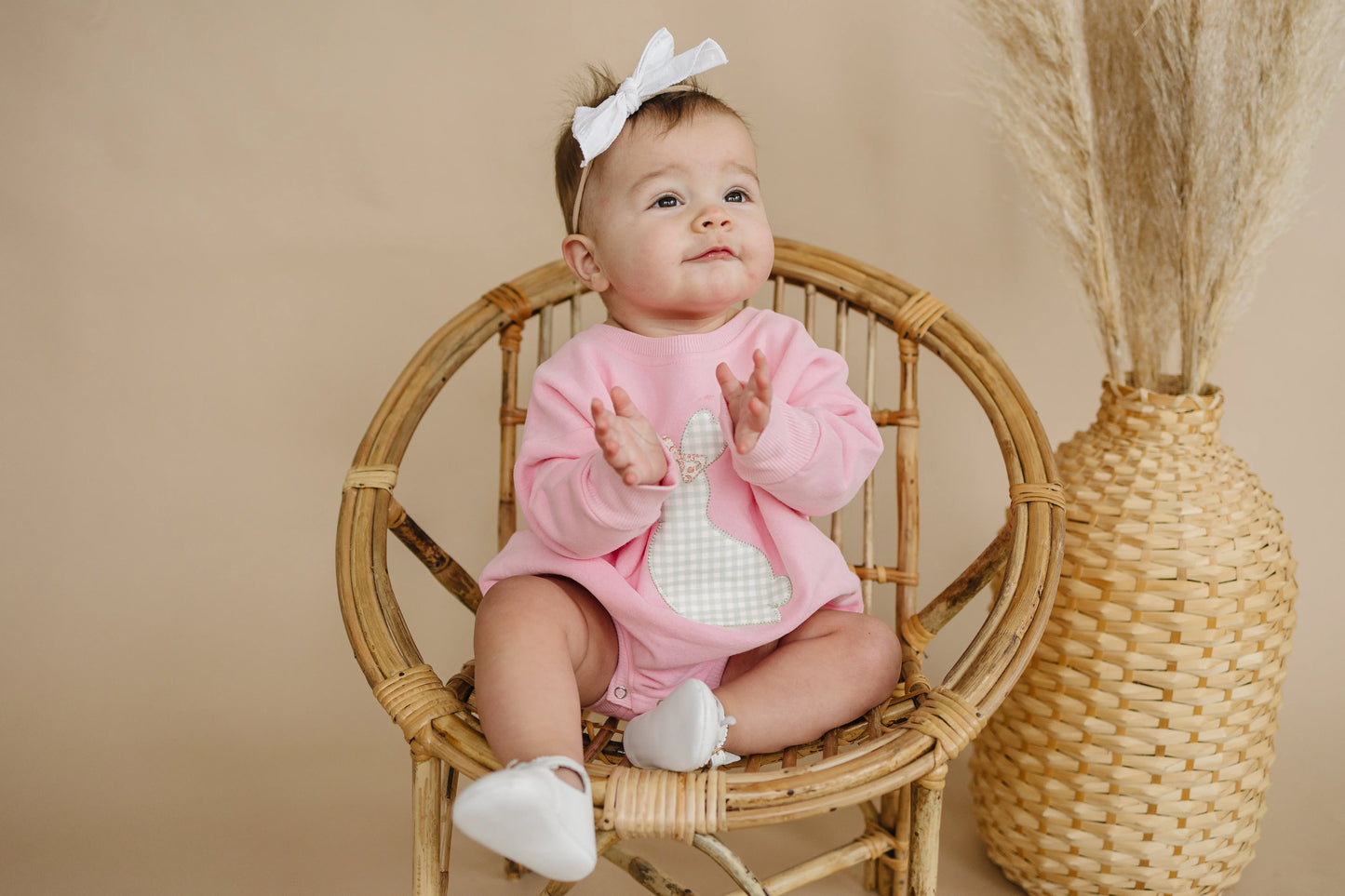 Little Joy Co. Applique Bunny Sweatshirt Romper With Embroidered Bow - Apparel & Accessories > Clothing > Baby & Toddler Clothing > Baby & Toddler Outfits