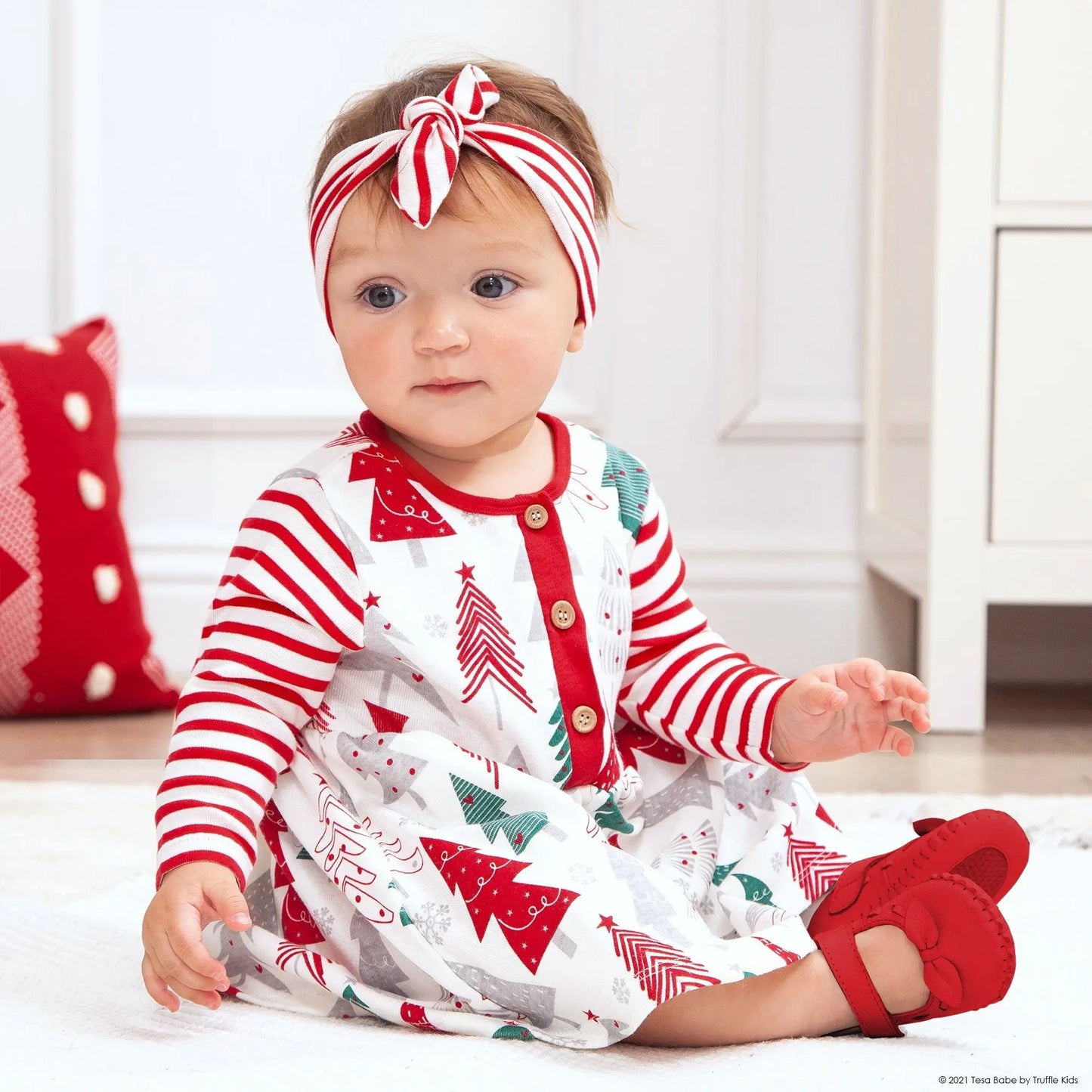 Baby Girl Christmas Tree Henley Dress Red Stripe Sleeves Tesa Babe Everetts Place: Online Boutique