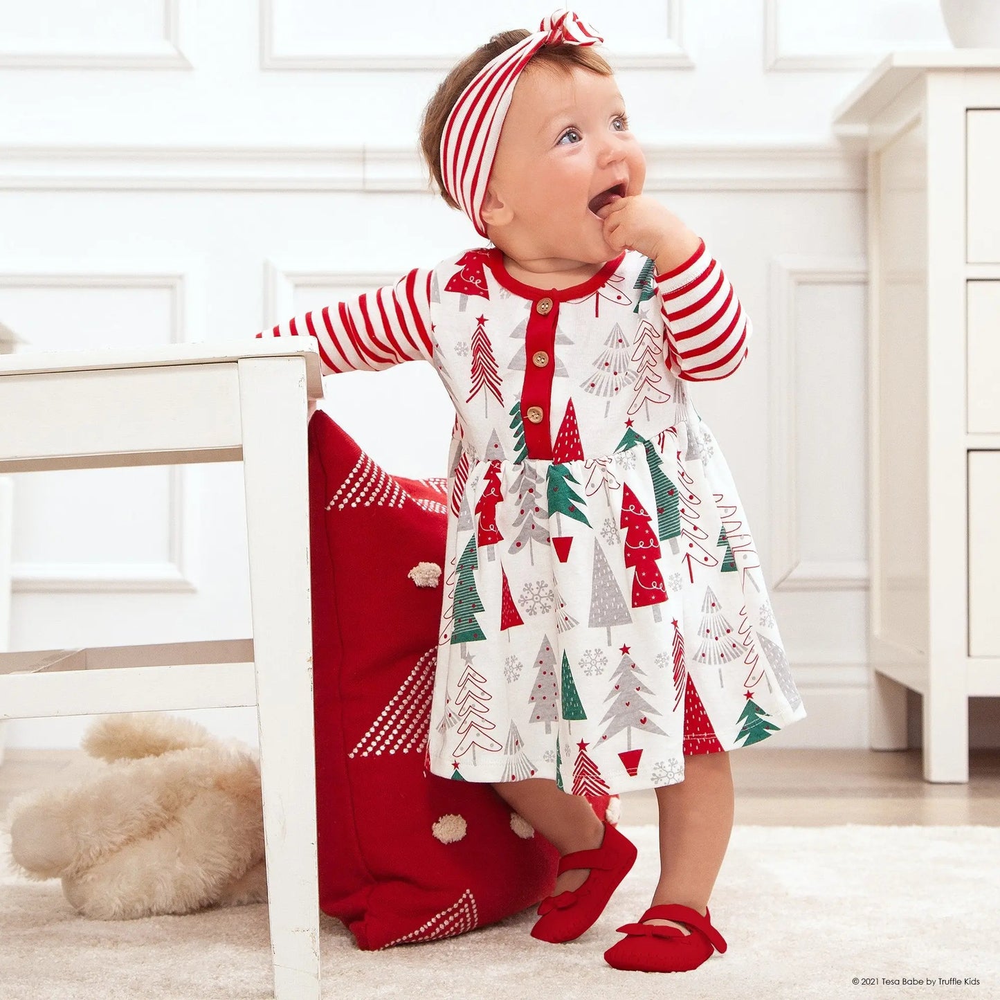 Baby Girl Christmas Tree Henley Dress Red Stripe Sleeves Tesa Babe Everetts Place: Online Boutique