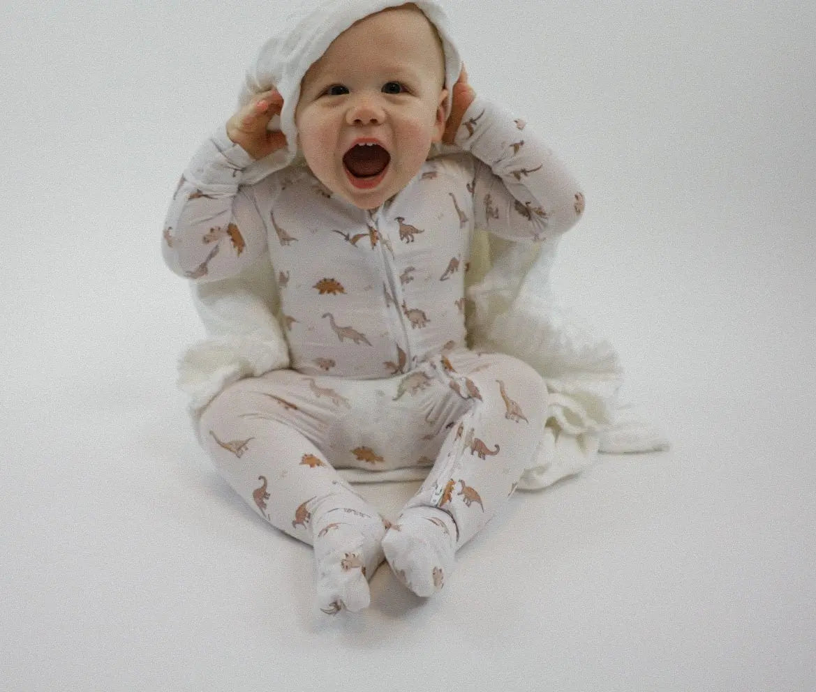 Bamboo Romper Neutral Dinosaurs Convertible Cuffs Snug Fit Charlie Lou Baby Everetts Place: Online Boutique
