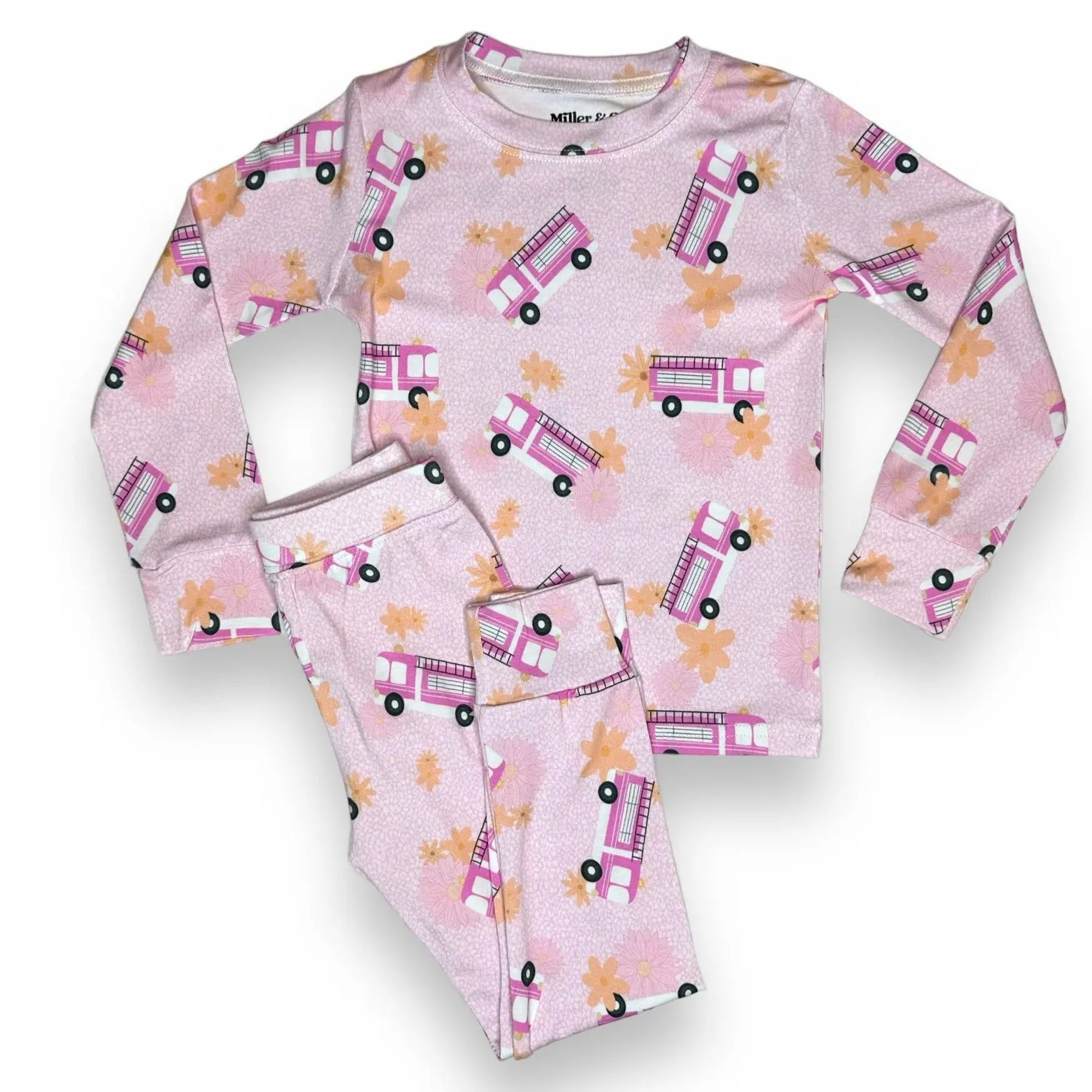 Bamboo Two Piece Pajama Set, Pink Fire Trucks Miller & Co. Everetts Place Boutique