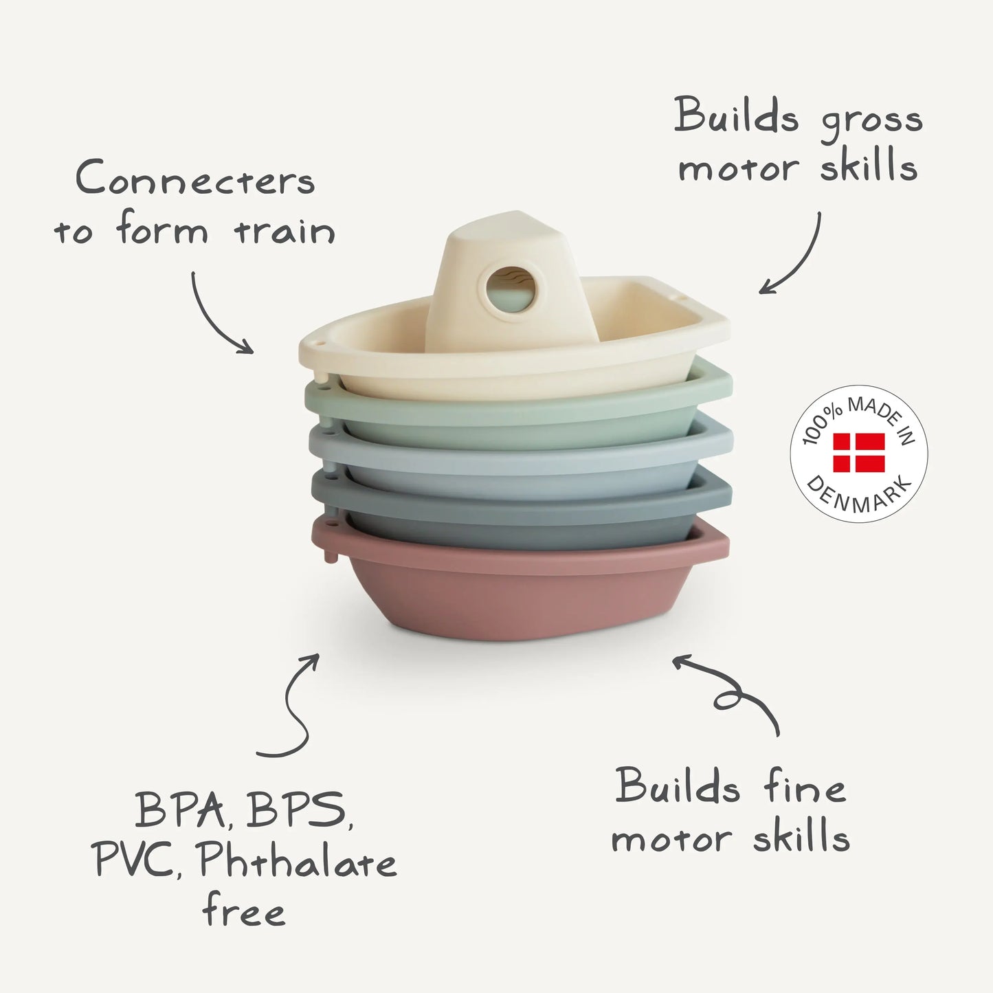 Stackable Bath Boats Set of Five for Independent Play in the Bathtub Mushie