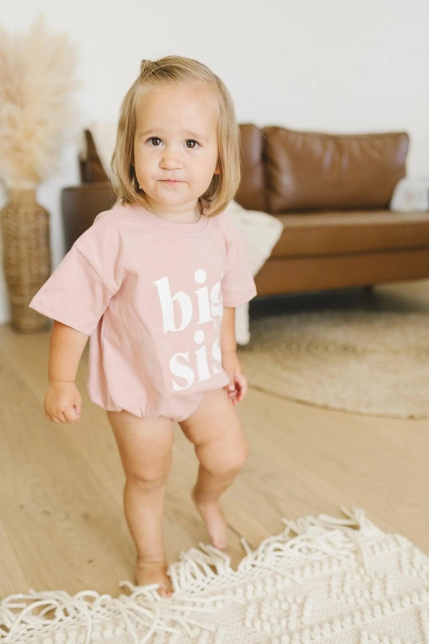 Little Joy Co. Big Sis Bubble Romper Mauve Rolled Sleeves Outfit for Girls - Apparel & Accessories > Clothing > Baby & Toddler Clothing > Baby One-Pieces