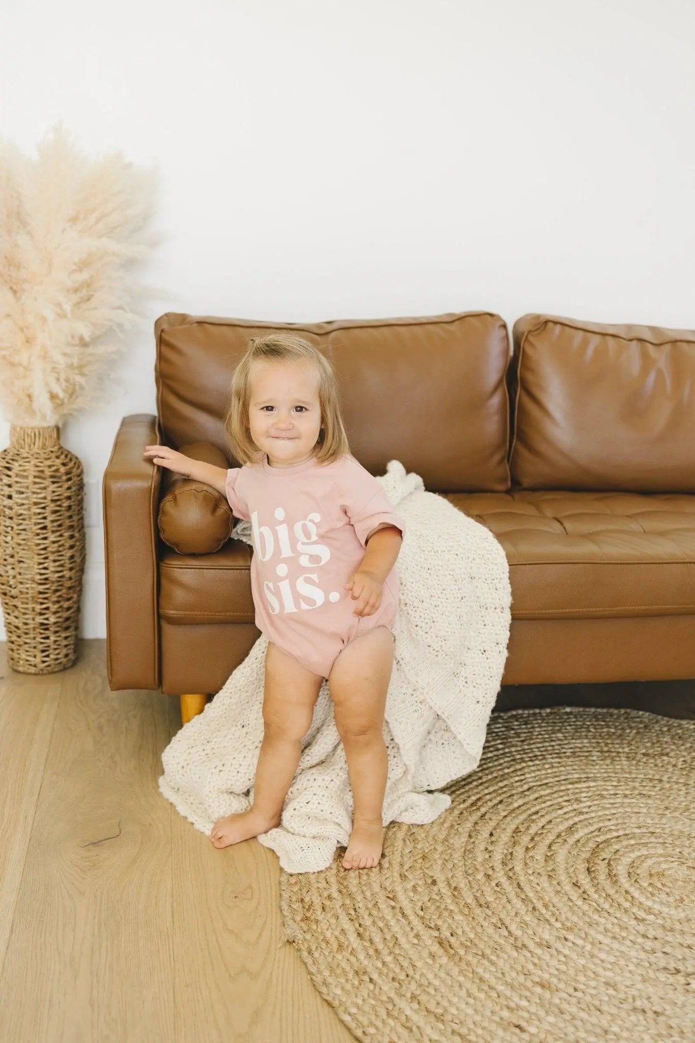 Little Joy Co. Big Sis Bubble Romper Mauve Rolled Sleeves Outfit for Girls - Apparel & Accessories > Clothing > Baby & Toddler Clothing > Baby One-Pieces