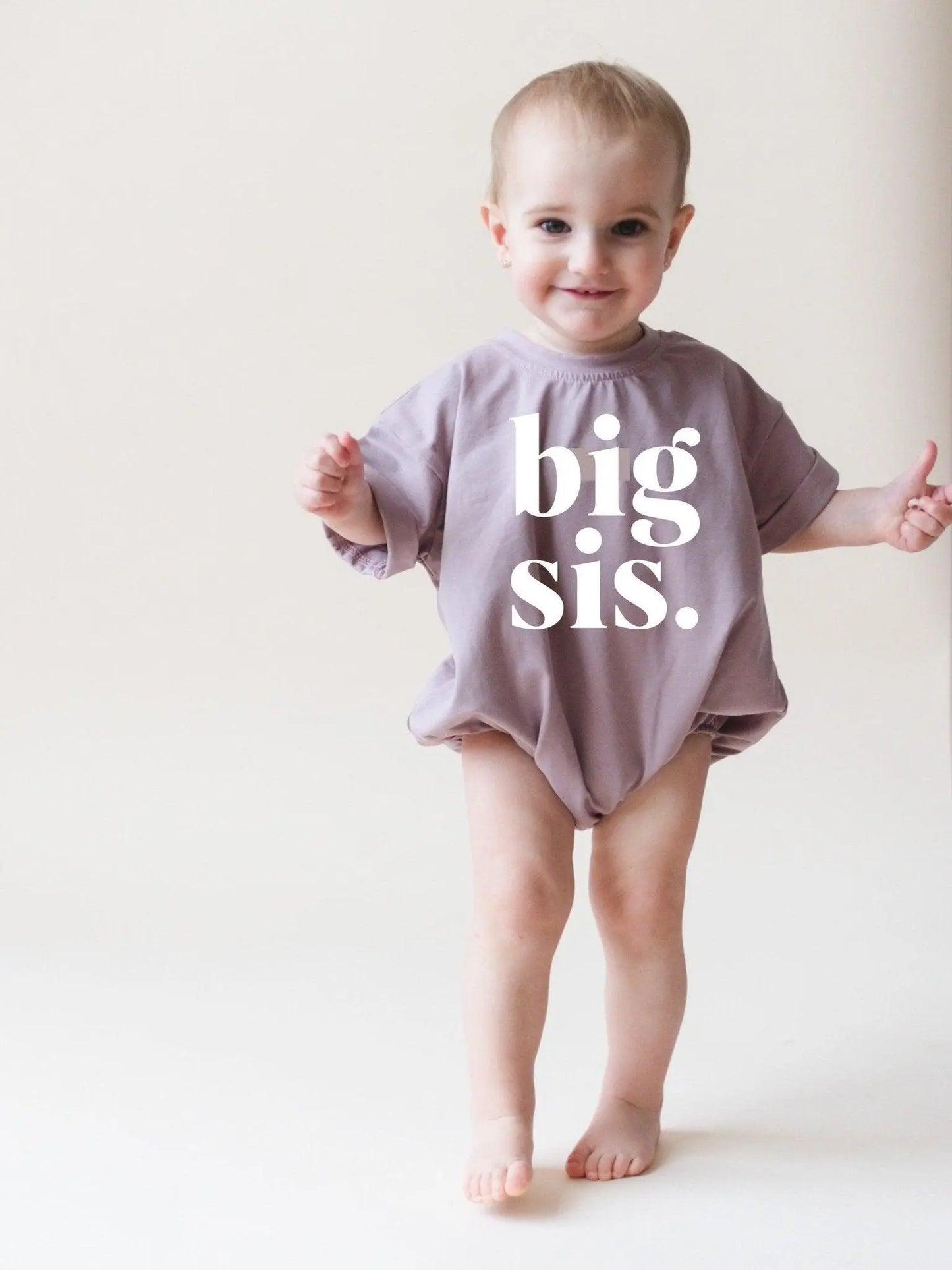 Little Joy Co. Big Sis Bubble Romper Mauve Rolled Sleeves Outfit for Girls - Apparel & Accessories > Clothing > Baby & Toddler Clothing > Baby One-Pieces
