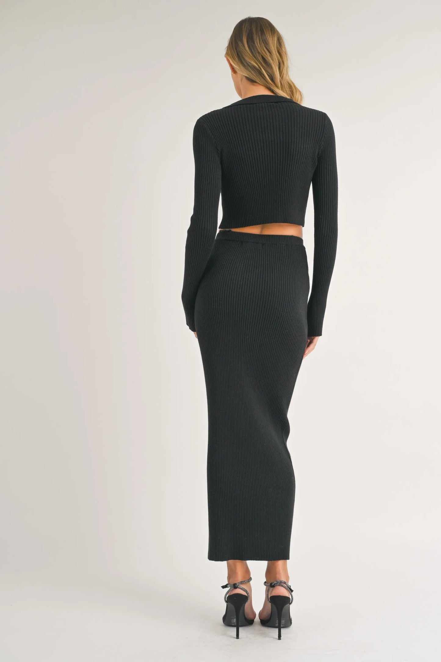 Black Rib Knit Side Button Maxi Skirt Elastic Waistband PinkBlush Everetts Place: Online Boutique
