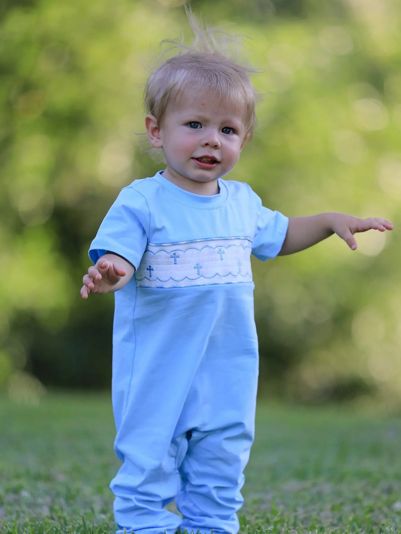 Blue Smocked Church Christ Bishop Christening Baby Boys Romper Rylee Faith Designs Everetts Place: Online Boutique