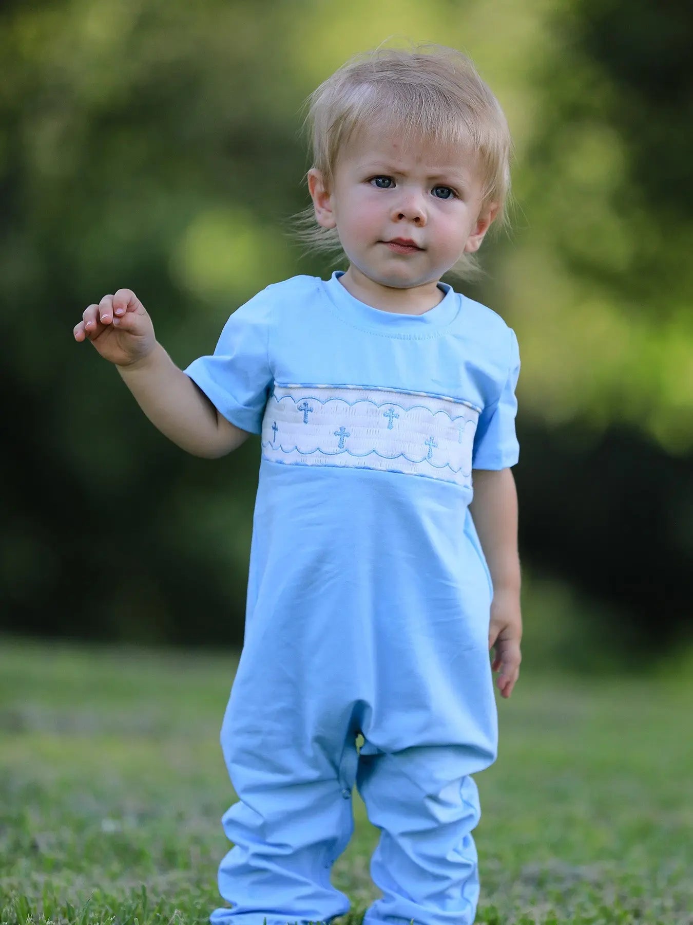 Blue Smocked Church Christ Bishop Christening Baby Boys Romper Rylee Faith Designs Everetts Place: Online Boutique