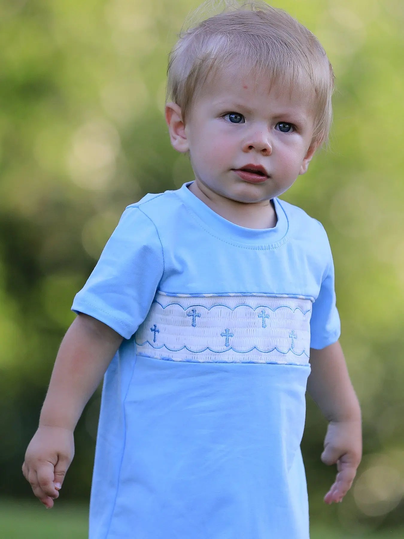 Blue Smocked Church Christ Bishop Christening Baby Boys Romper Rylee Faith Designs Everetts Place: Online Boutique