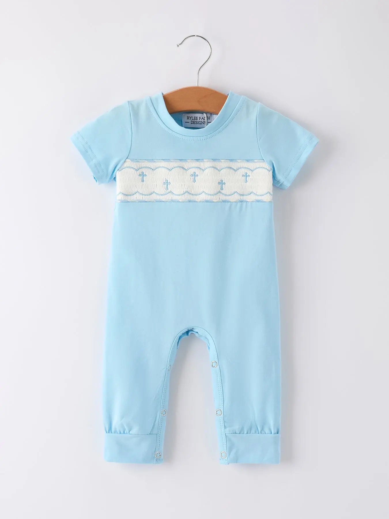 Blue Smocked Church Christ Bishop Christening Baby Boys Romper Rylee Faith Designs Everetts Place: Online Boutique