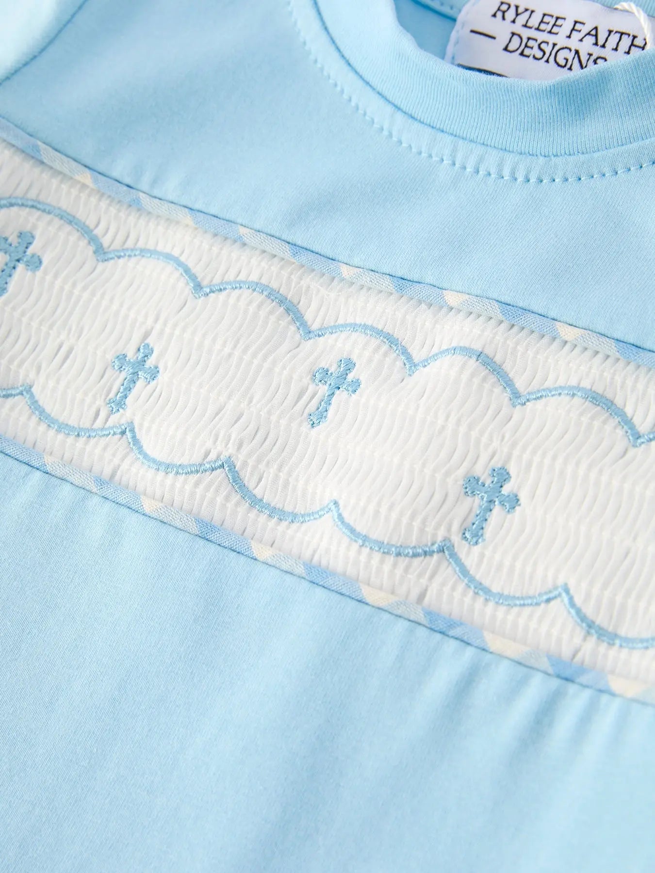 Blue Smocked Church Christ Bishop Christening Baby Boys Romper Rylee Faith Designs Everetts Place: Online Boutique
