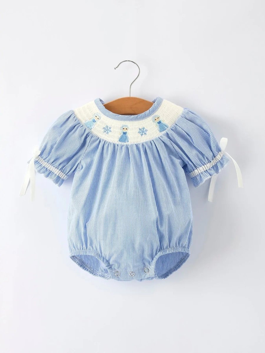 Blue Striped Smocked Romper For Baby Girls Short Sleeves Rylee Faith Designs Everetts Place Boutique