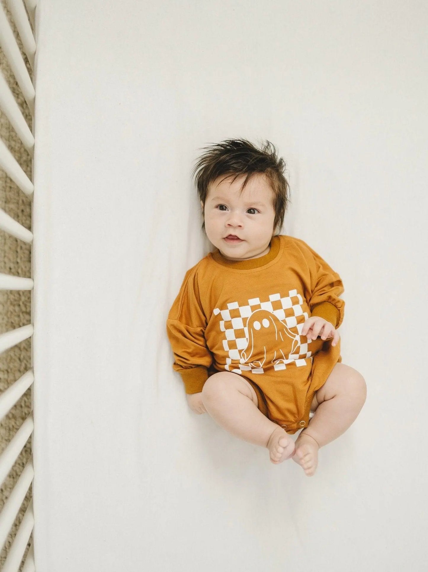 Little Joy Co. Checkered Ghost Bamboo Sweatshirt Romper For Babies - Apparel & Accessories > Clothing > Baby & Toddler Clothing > Baby One-Pieces