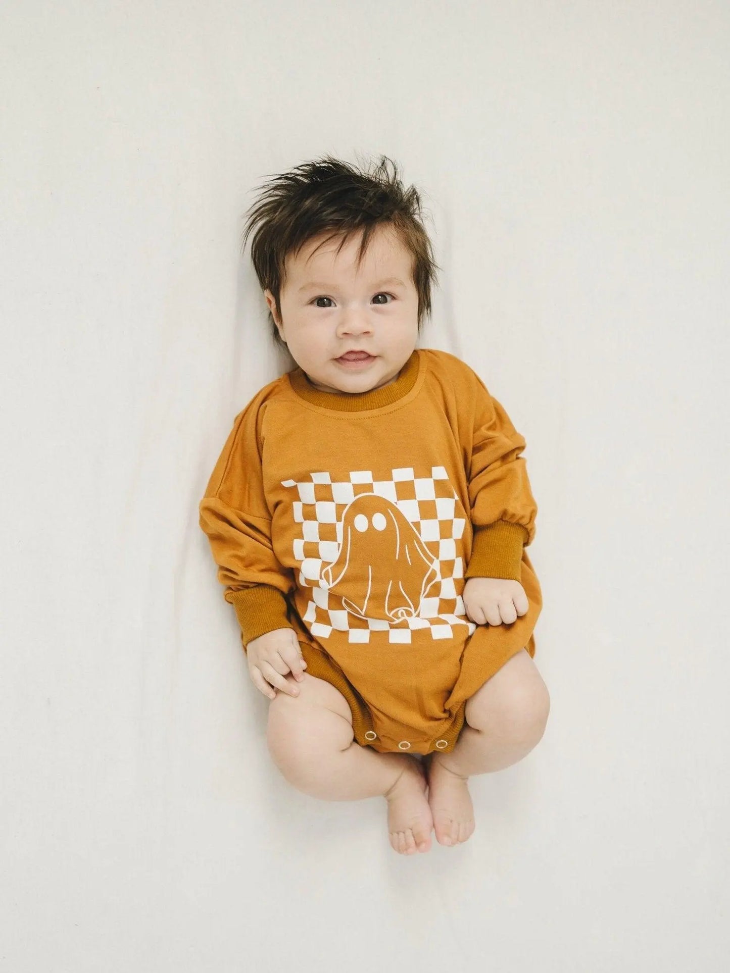 Little Joy Co. Checkered Ghost Bamboo Sweatshirt Romper For Babies - Apparel & Accessories > Clothing > Baby & Toddler Clothing > Baby One-Pieces