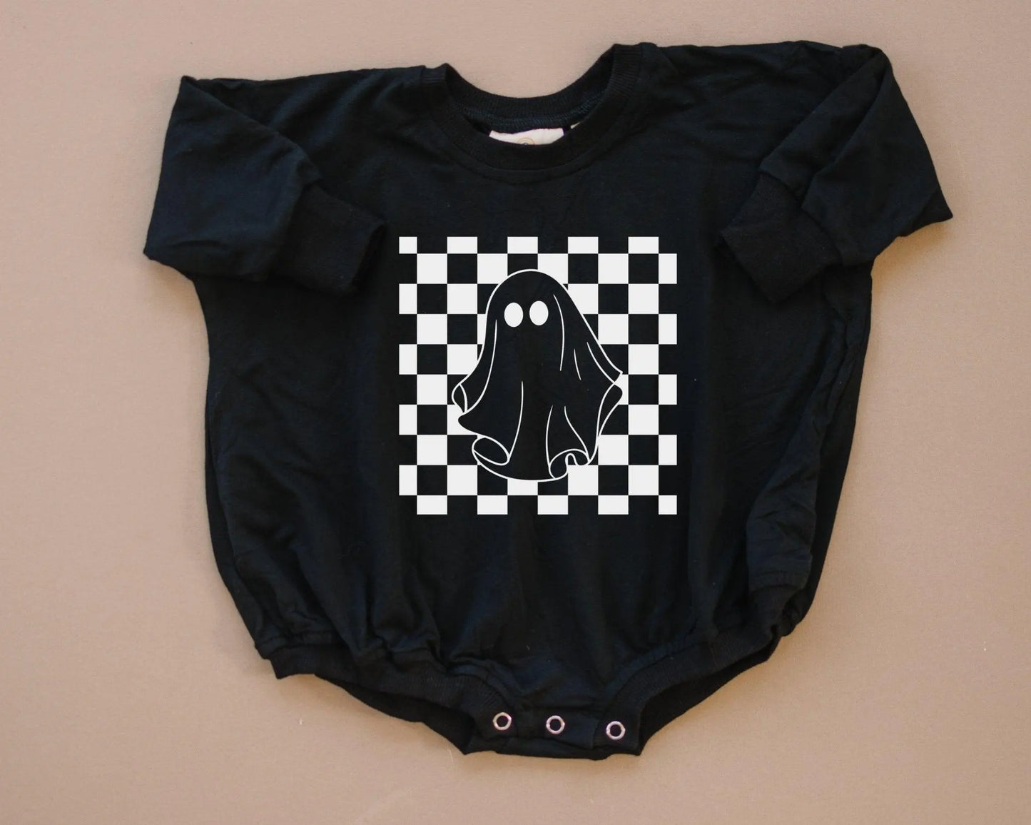 Little Joy Co. Checkered Ghost Bamboo Sweatshirt Romper For Babies - Apparel & Accessories > Clothing > Baby & Toddler Clothing > Baby One-Pieces