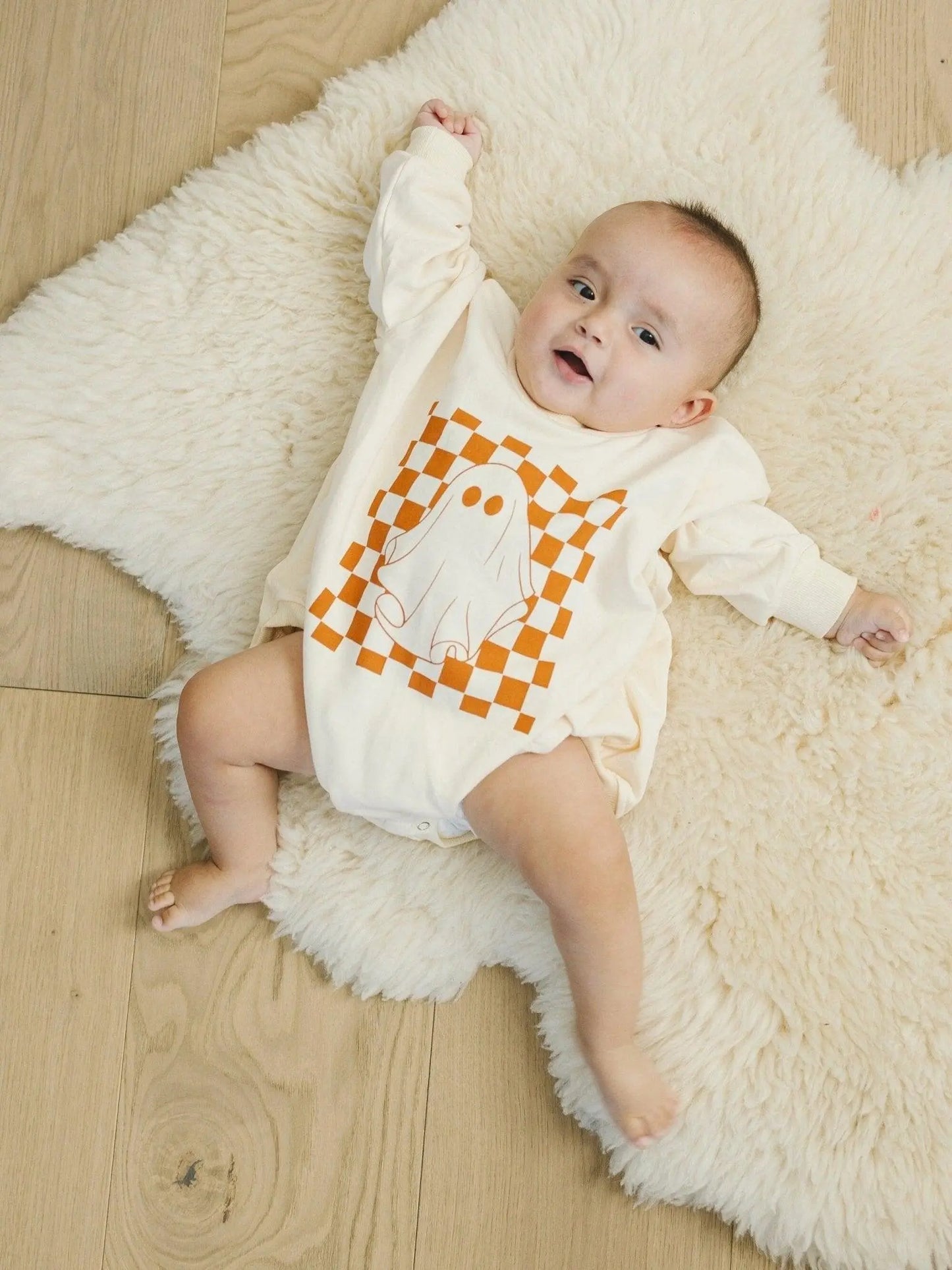 Little Joy Co. Checkered Ghost Sweatshirt Romper Oversized With Snaps - Apparel & Accessories > Clothing > Baby & Toddler Clothing > Baby & Toddler Outfits