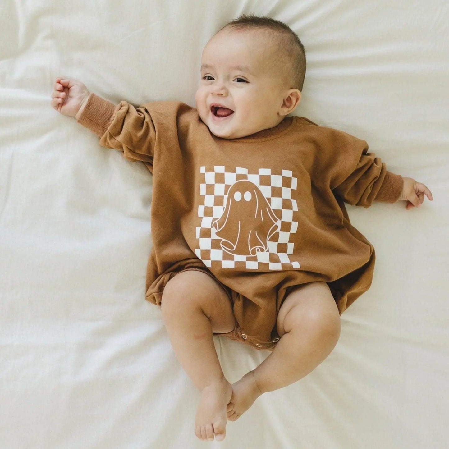 Little Joy Co. Checkered Ghost Sweatshirt Romper Oversized With Snaps - Apparel & Accessories > Clothing > Baby & Toddler Clothing > Baby & Toddler Outfits