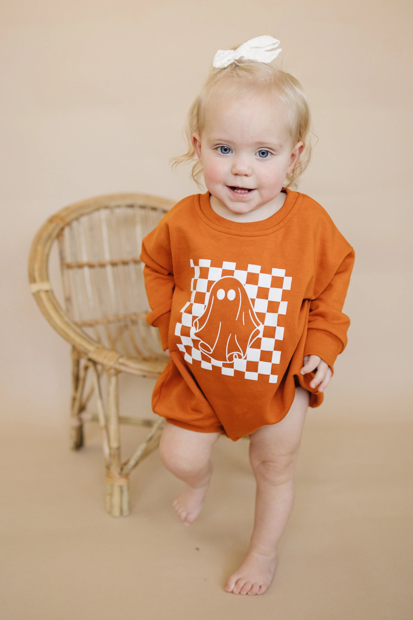 Little Joy Co. Checkered Ghost Sweatshirt Romper Oversized With Snaps - Apparel & Accessories > Clothing > Baby & Toddler Clothing > Baby & Toddler Outfits