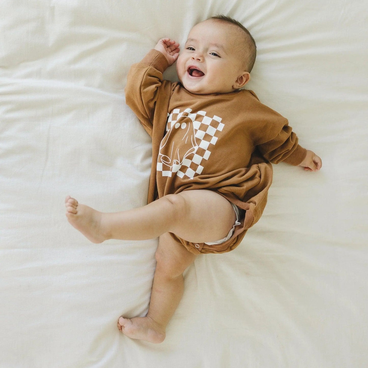 Little Joy Co. Checkered Ghost Sweatshirt Romper Oversized With Snaps - Apparel & Accessories > Clothing > Baby & Toddler Clothing > Baby & Toddler Outfits