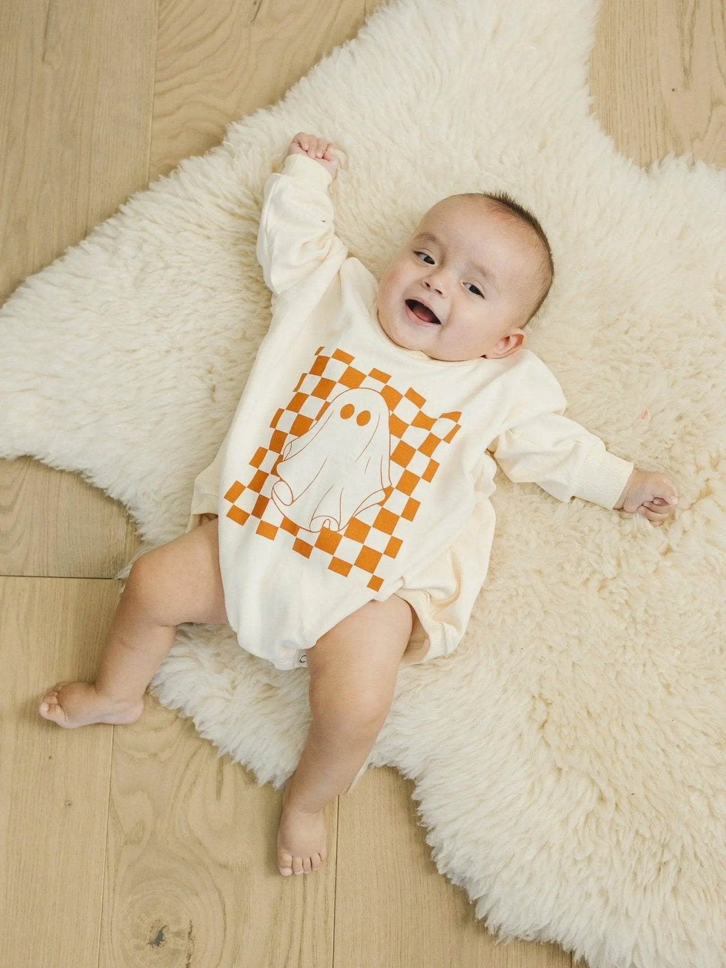 Little Joy Co. Checkered Ghost Sweatshirt Romper Oversized With Snaps - Apparel & Accessories > Clothing > Baby & Toddler Clothing > Baby & Toddler Outfits