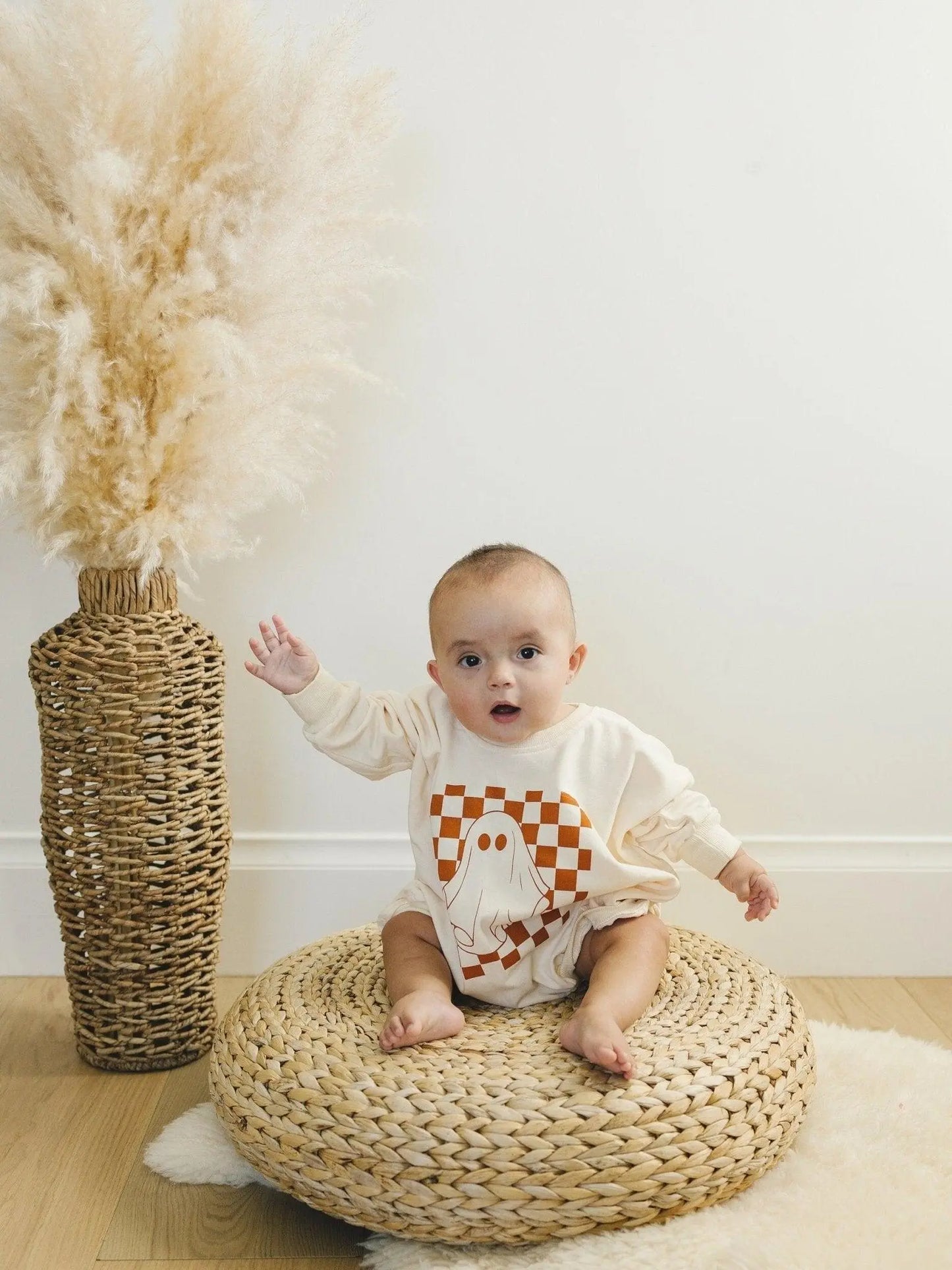 Little Joy Co. Checkered Ghost Sweatshirt Romper Oversized With Snaps - Apparel & Accessories > Clothing > Baby & Toddler Clothing > Baby & Toddler Outfits