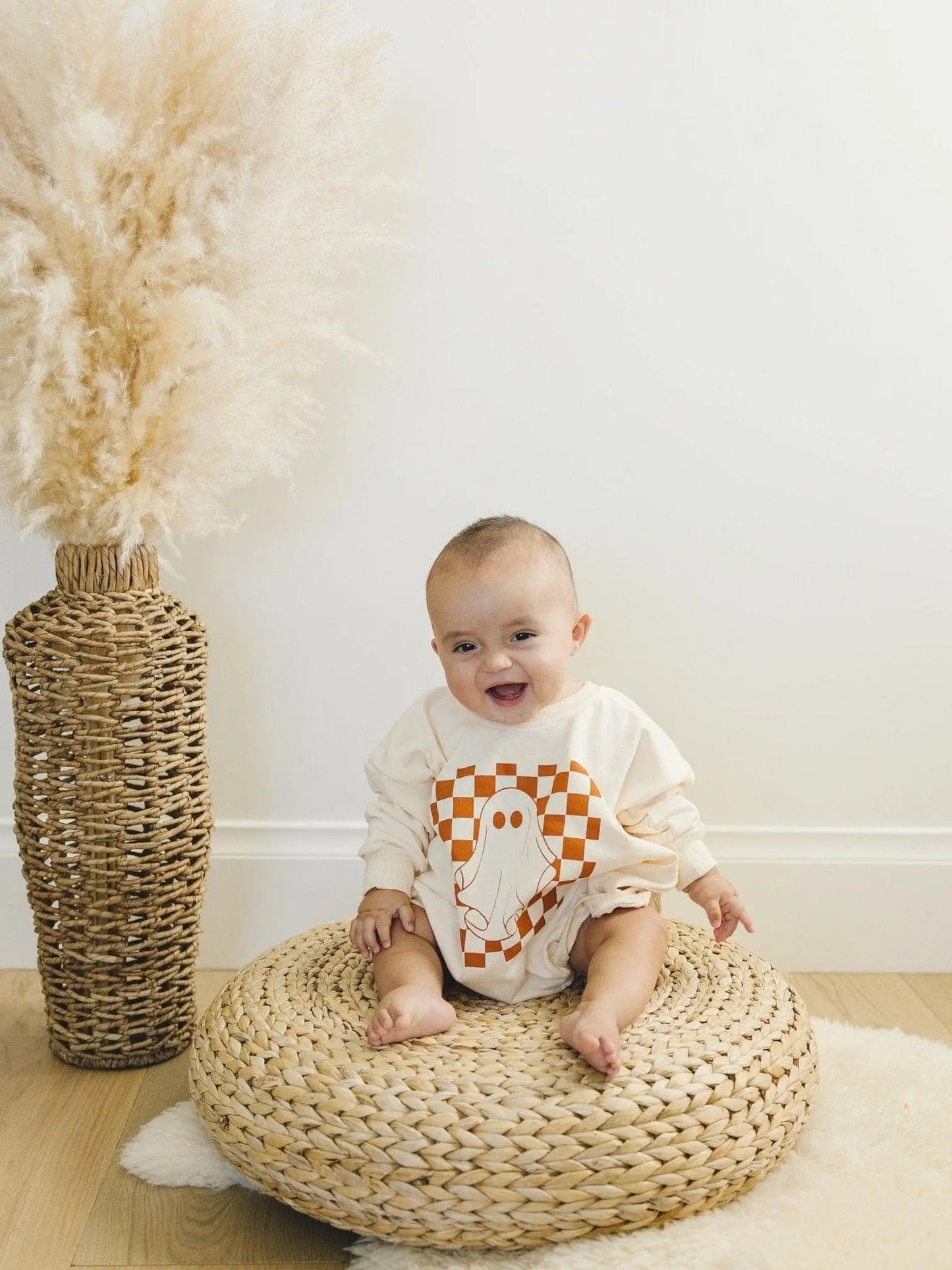 Little Joy Co. Checkered Ghost Sweatshirt Romper Oversized With Snaps - Apparel & Accessories > Clothing > Baby & Toddler Clothing > Baby & Toddler Outfits
