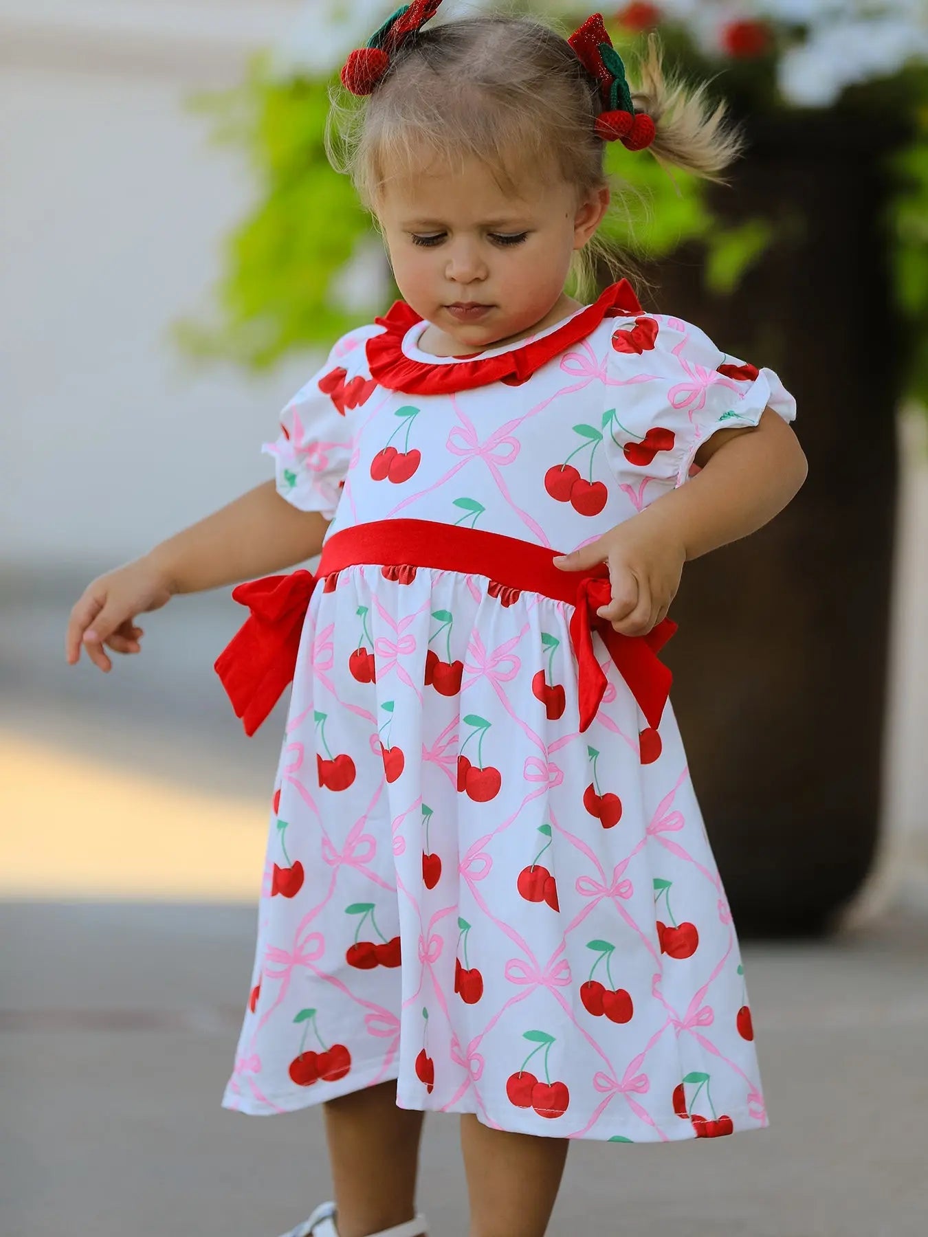 Cherry Bow Girls Dress with Vibrant Cherry Print and Adorable Bow Detail Rylee Faith Designs Everetts Place: Online Boutique