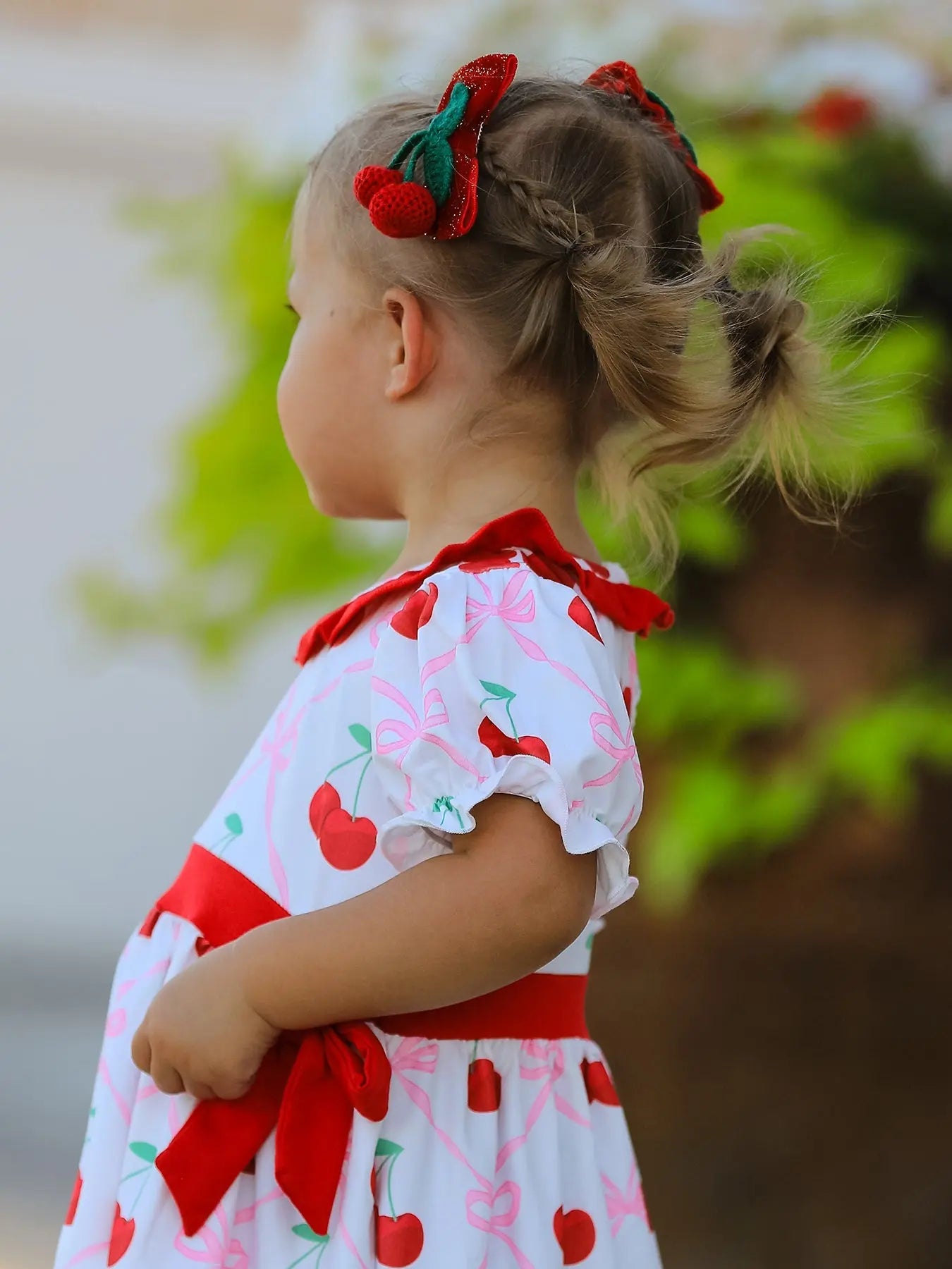 Cherry Bow Girls Dress with Vibrant Cherry Print and Adorable Bow Detail Rylee Faith Designs Everetts Place: Online Boutique
