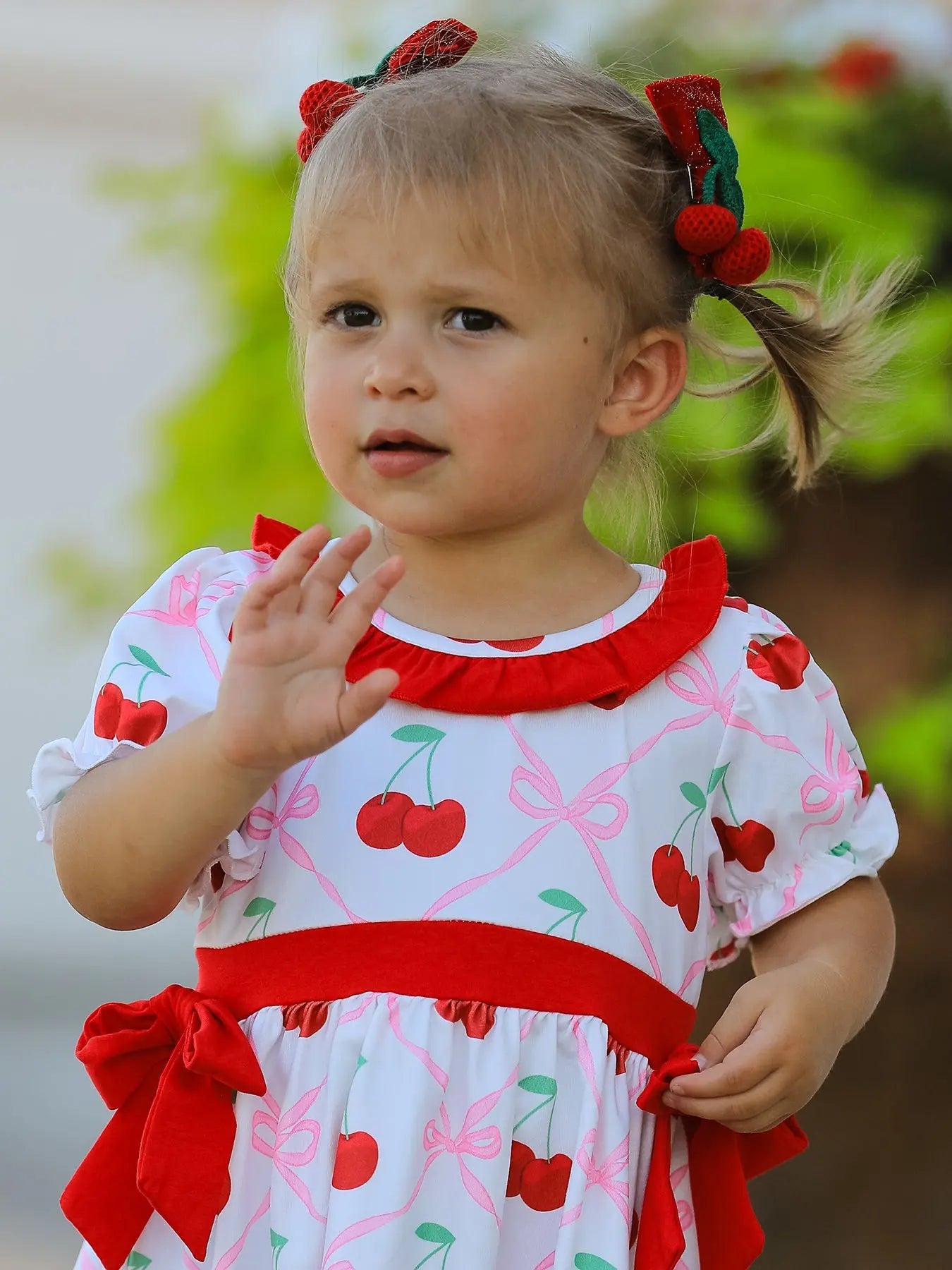Cherry Bow Girls Dress with Vibrant Cherry Print and Adorable Bow Detail Rylee Faith Designs Everetts Place: Online Boutique