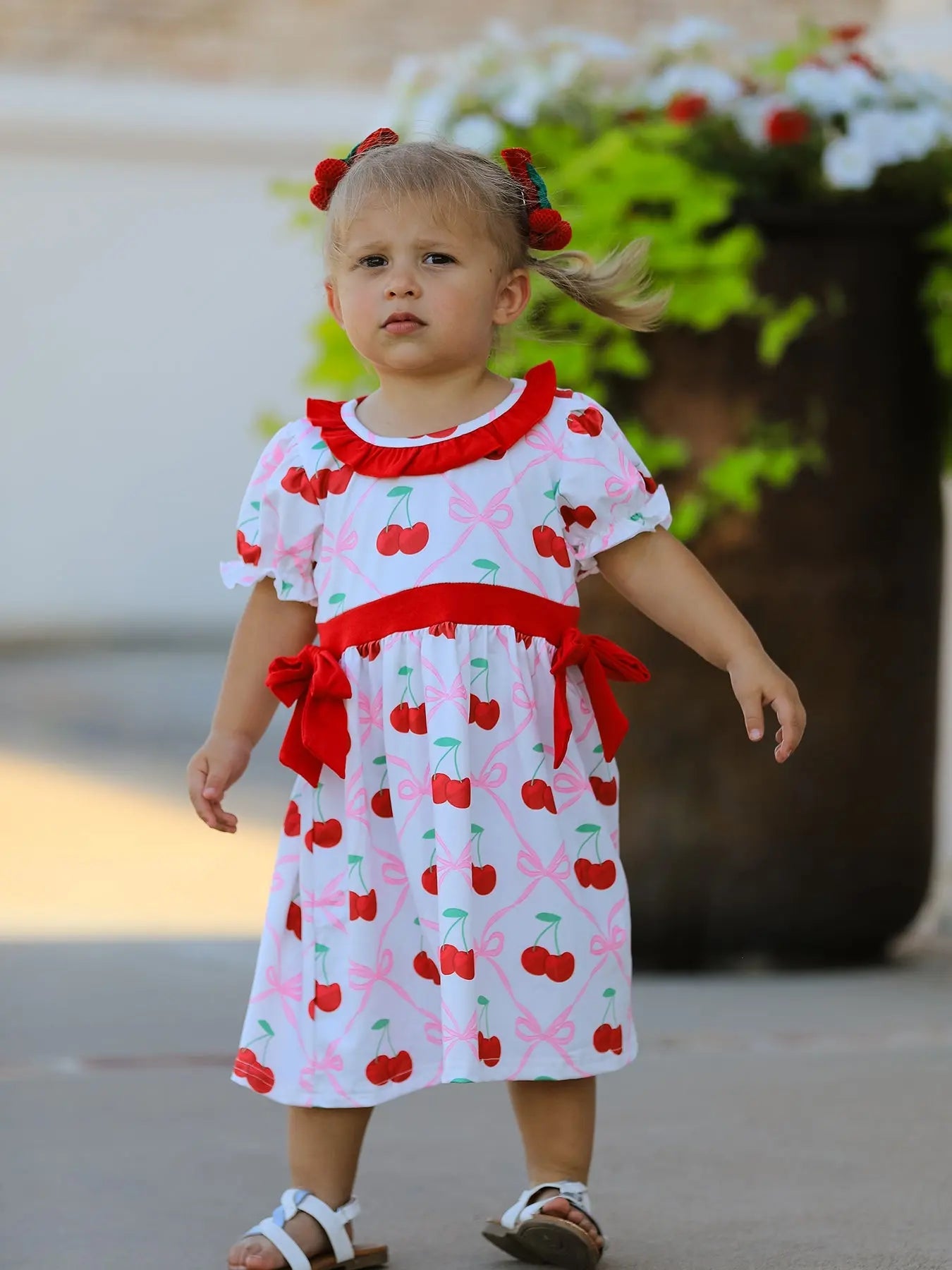 Cherry Bow Girls Dress with Vibrant Cherry Print and Adorable Bow Detail Rylee Faith Designs Everetts Place: Online Boutique