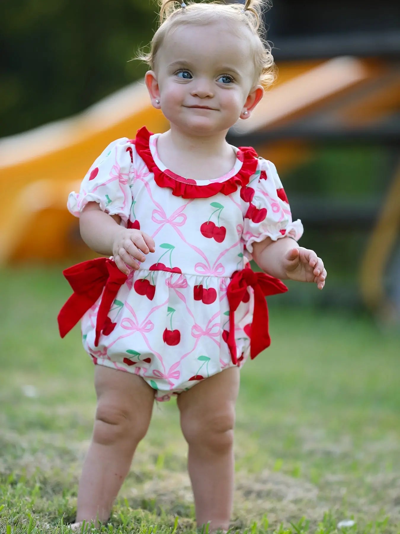 Cherry Bow Girls Romper Stylish and Comfortable Playwear Rylee Faith Designs Everetts Place: Online Boutique