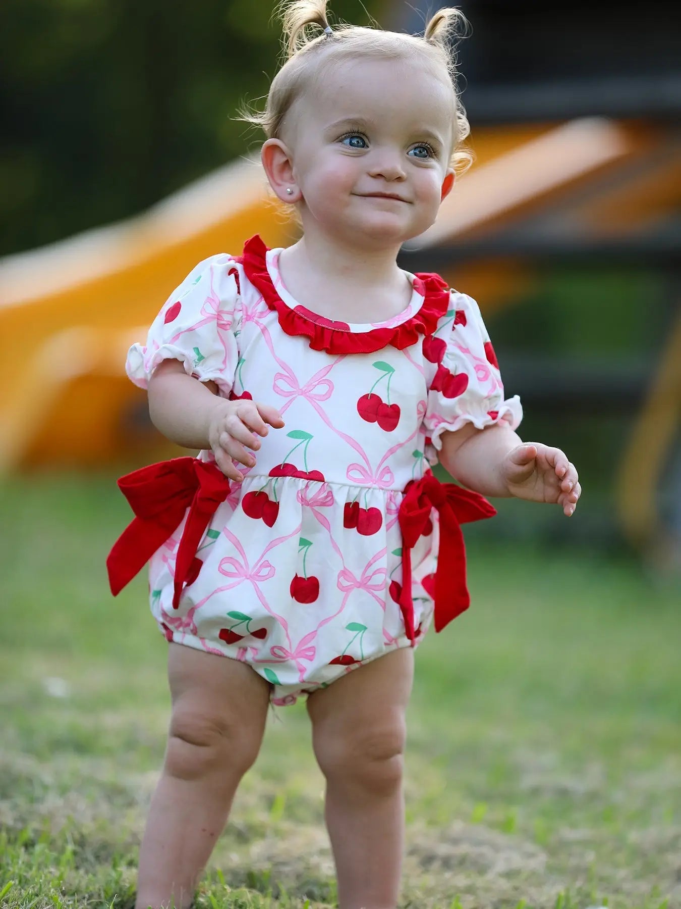 Cherry Bow Girls Romper Stylish and Comfortable Playwear Rylee Faith Designs Everetts Place: Online Boutique