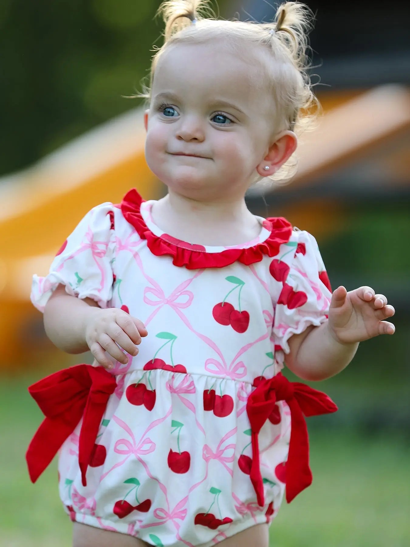 Cherry Bow Girls Romper Stylish and Comfortable Playwear Rylee Faith Designs Everetts Place: Online Boutique