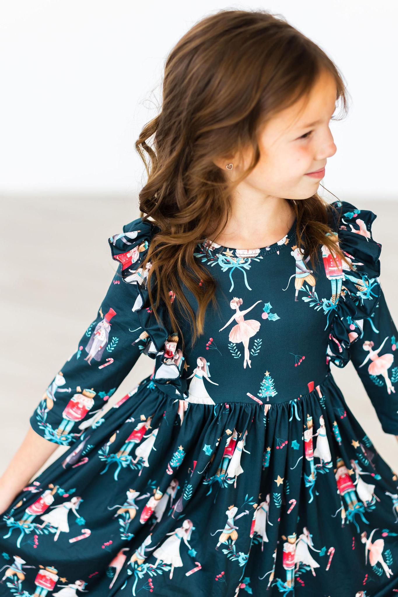Christmas Ballet Three Quarter Sleeve Ruffle Twirl Dress Mila & Rose ® Everetts Place: Online Boutique