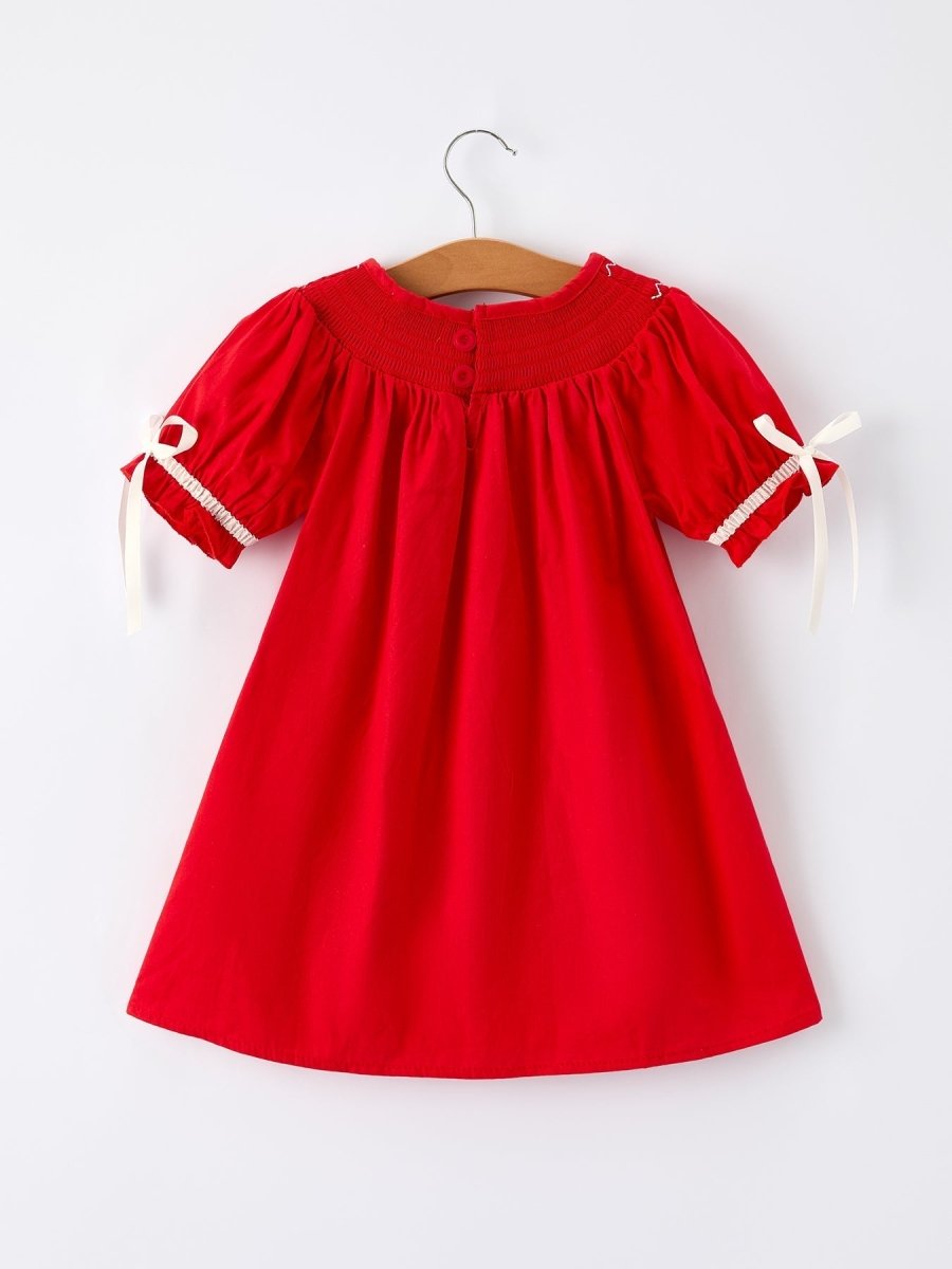 Rylee Faith Designs Christmas Gingerbread Embroidery Red Girls Dress With Bow - Everetts Place Boutique -
