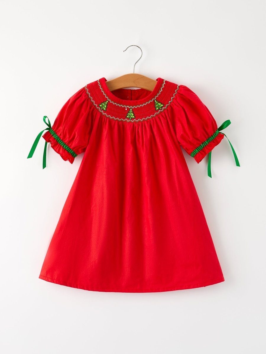 Rylee Faith Designs Christmas Girls Dress With Green Christmas Tree Embroidery - Everetts Place Boutique -