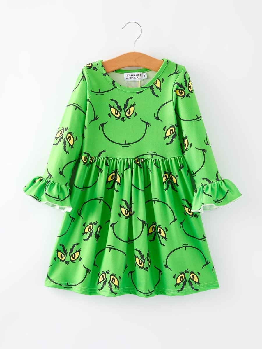 Rylee Faith Designs Christmas Green Cartoon Characters Print Girls Dress - Everetts Place Boutique -