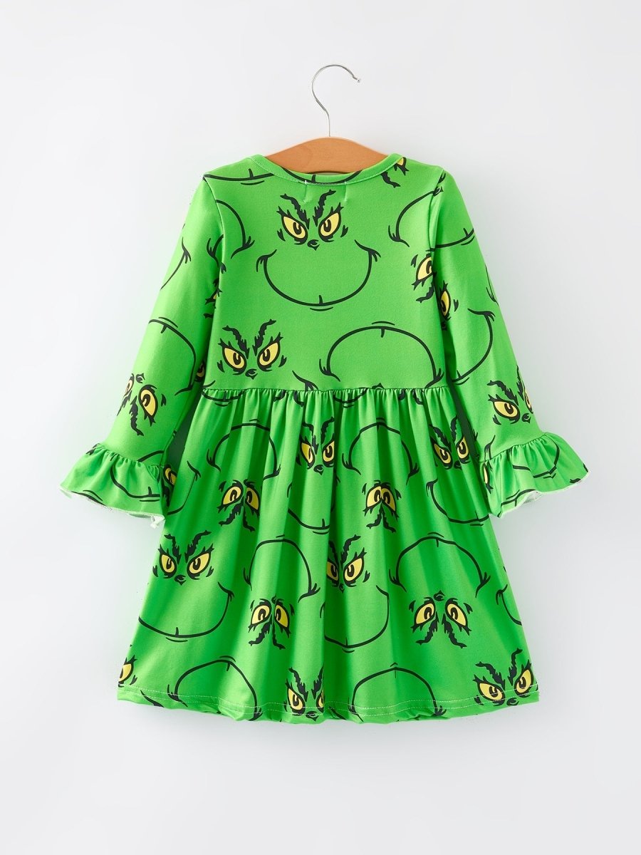 Rylee Faith Designs Christmas Green Cartoon Characters Print Girls Dress - Everetts Place Boutique -