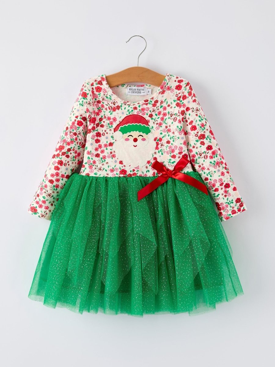 Rylee Faith Designs Christmas Santa Applique Floral Long Sleeve Girls Dress - Everetts Place Boutique -