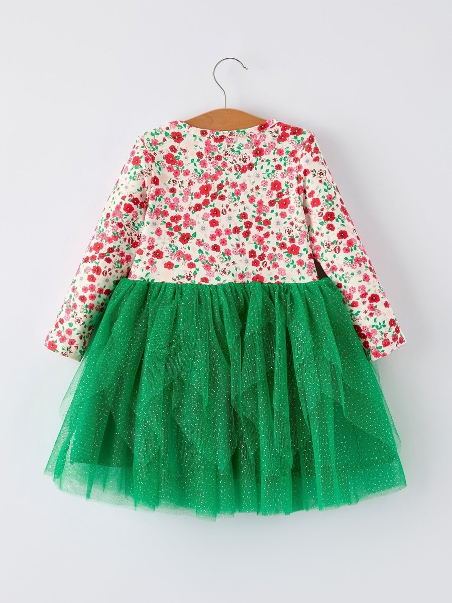 Rylee Faith Designs Christmas Santa Applique Floral Long Sleeve Girls Dress - Everetts Place Boutique -