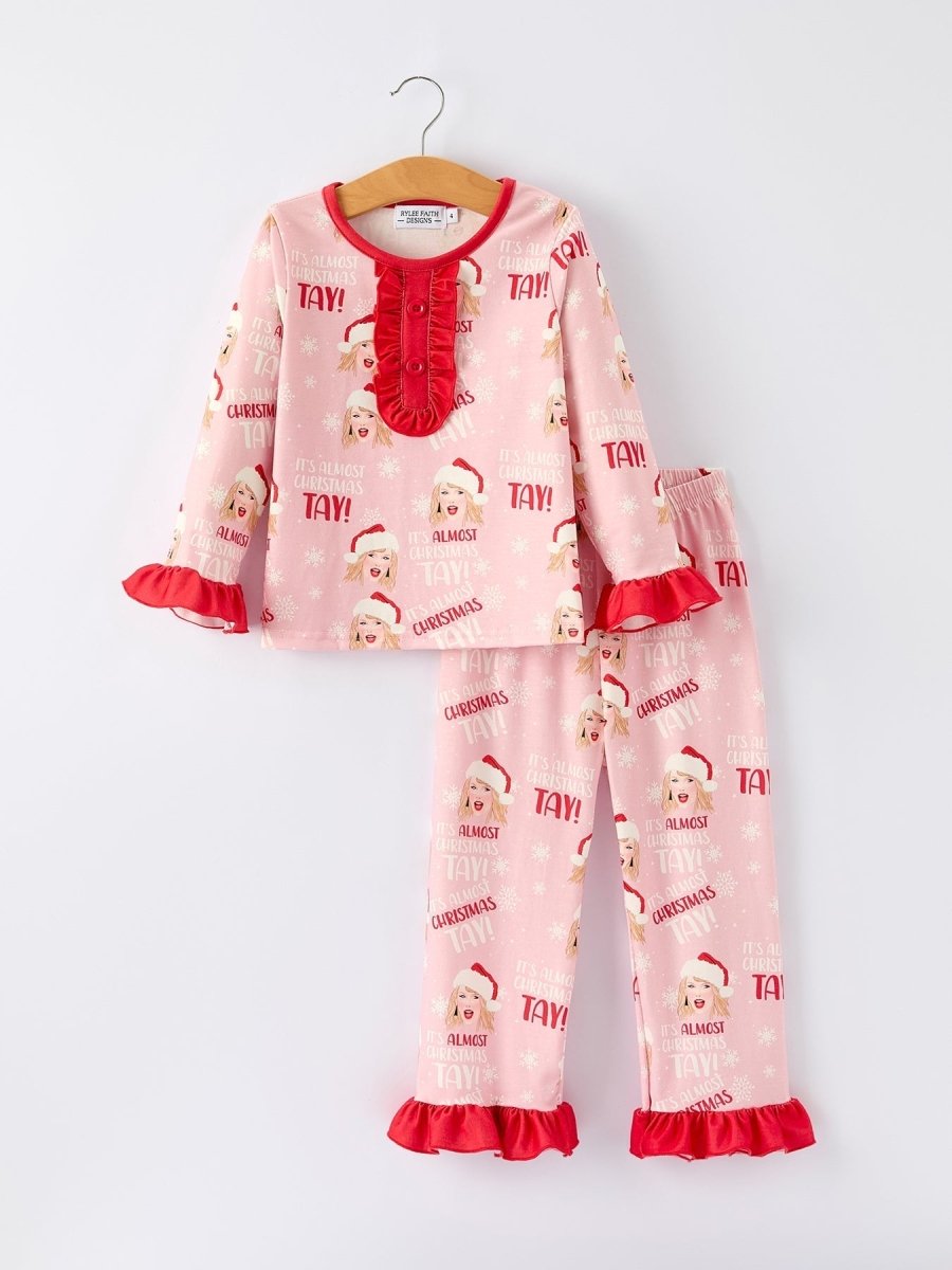 Rylee Faith Designs Christmas Santa Print Ruffle Girls Pajama Set Rylee Faith - Everetts Place Boutique -