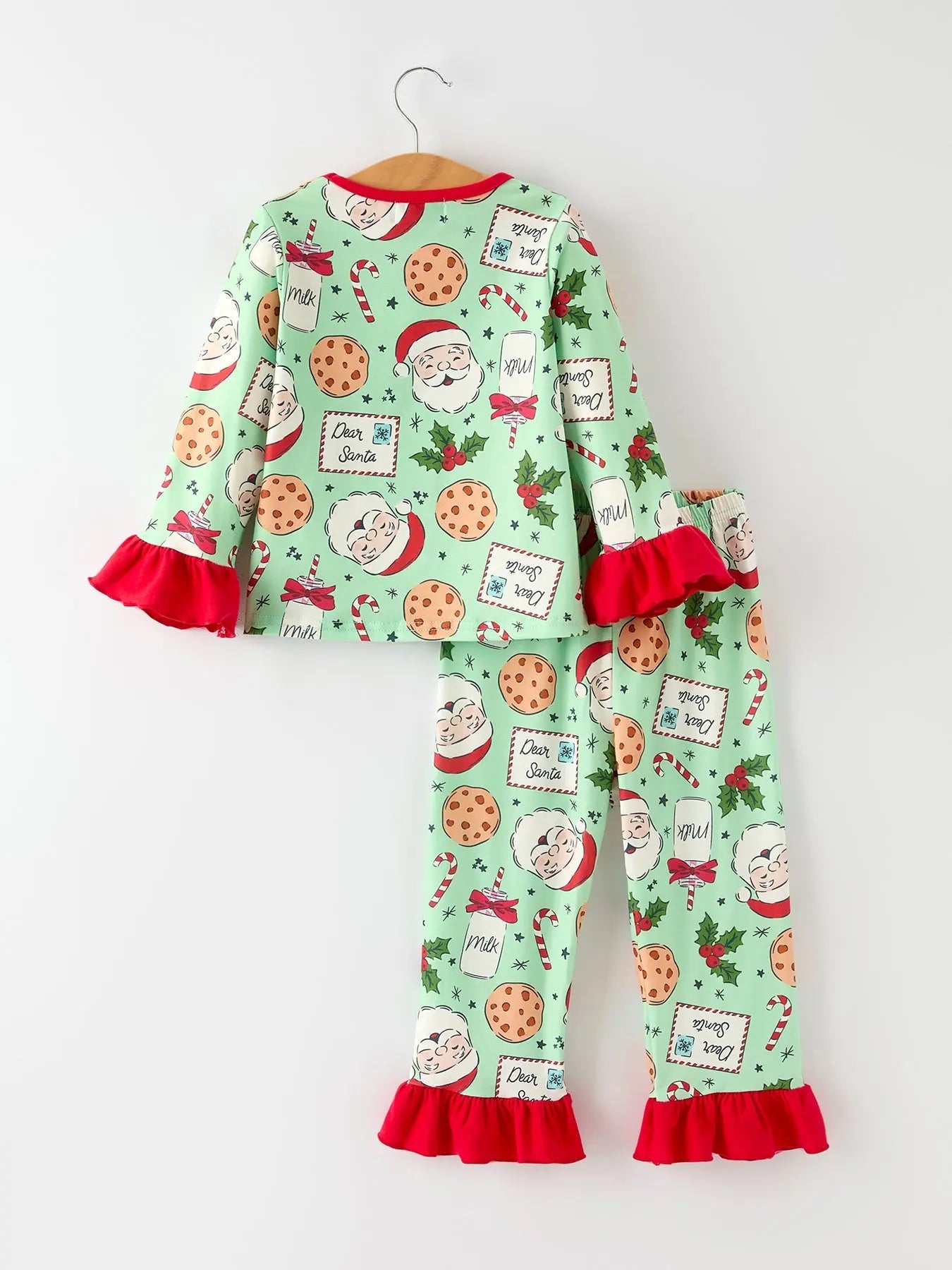 Christmas Santa and Cookie Print Girls Pajamas with Red Ruffle Rylee Faith Designs
