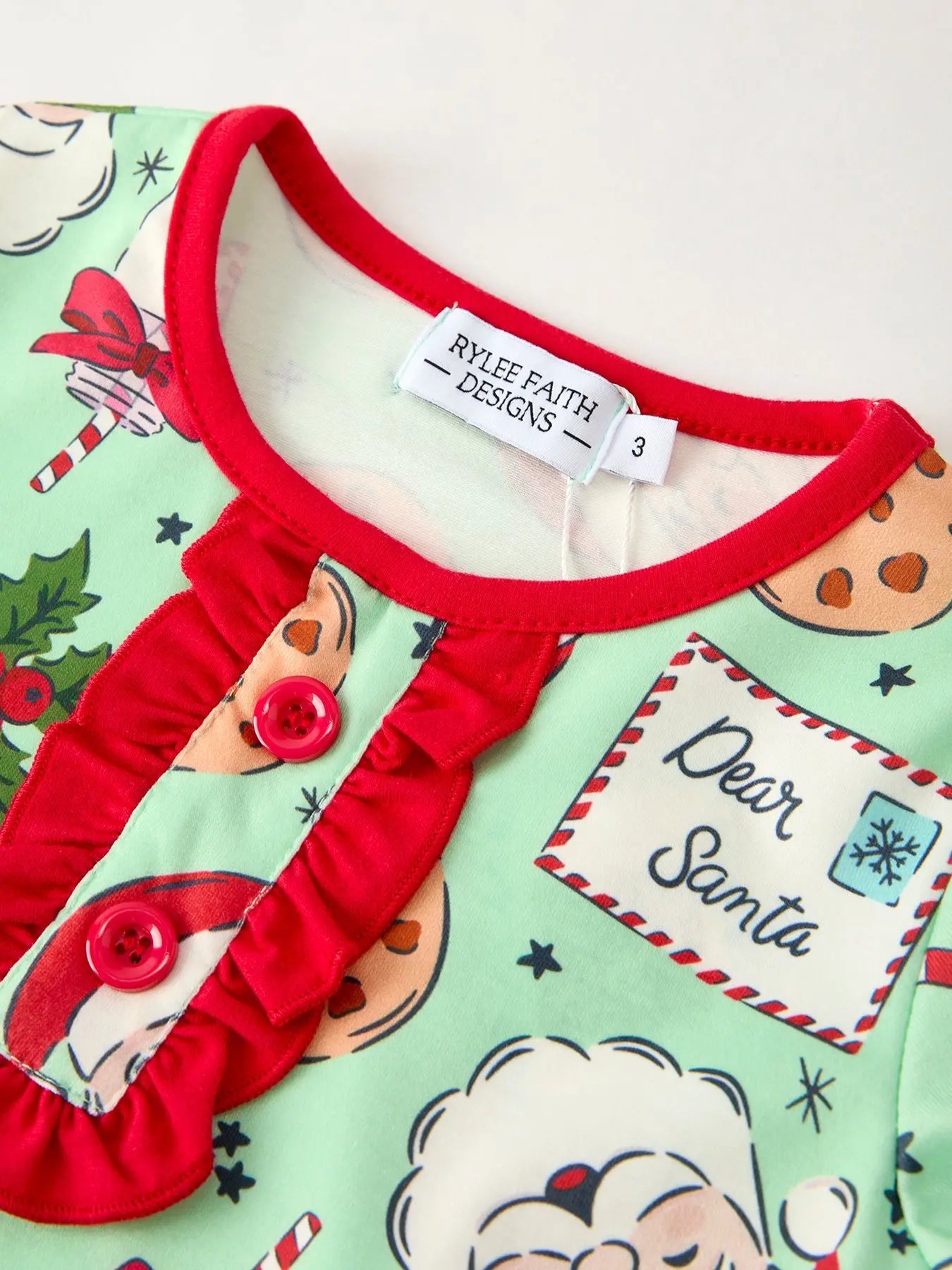 Christmas Santa and Cookie Print Girls Pajamas with Red Ruffle Rylee Faith Designs
