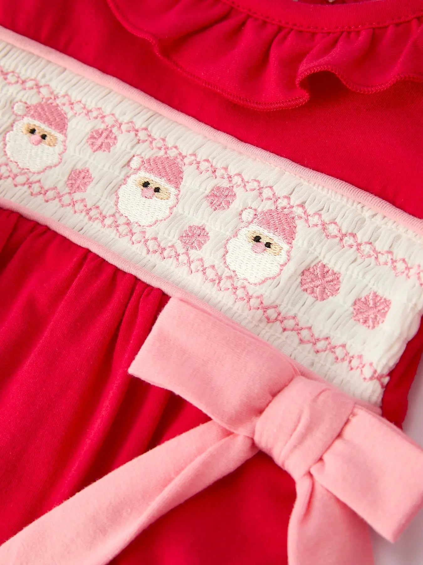 Christmas Smocked Embroidery Romper With Pink Ribbon Ties Rylee Faith Designs Everetts Place: Online Boutique
