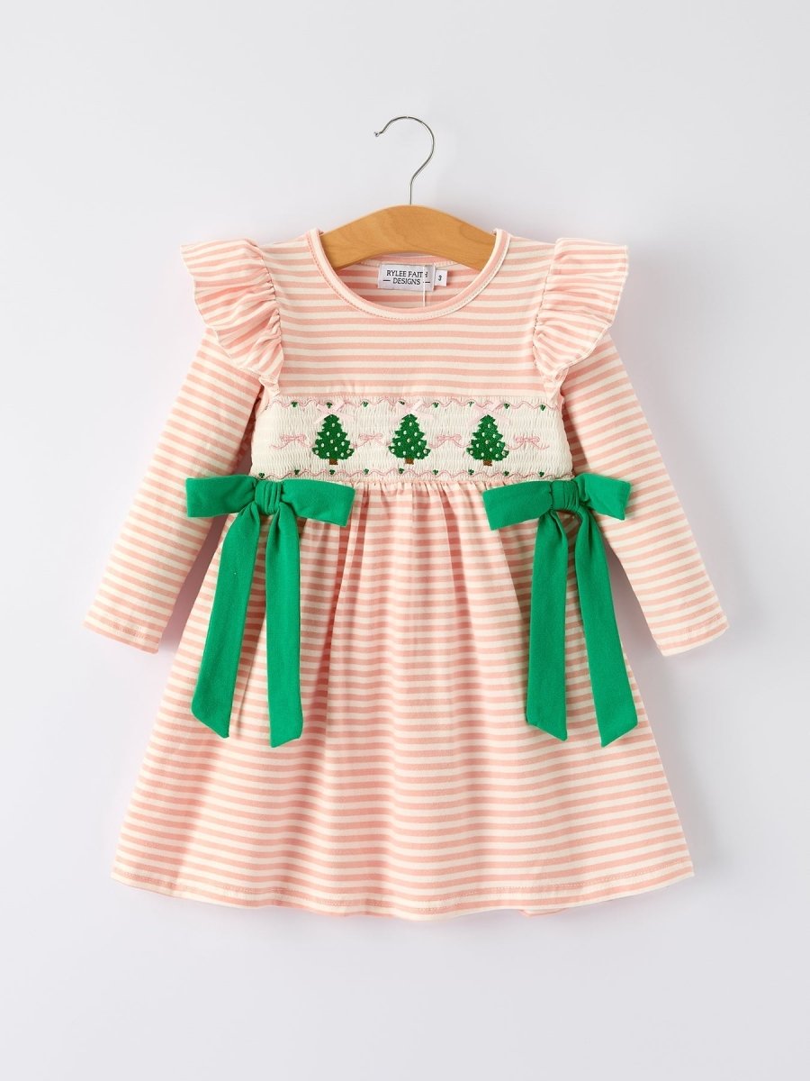 Rylee Faith Designs Christmas Tree Smocked Embroidery Stripe Baby Girls Dress - Everetts Place Boutique -