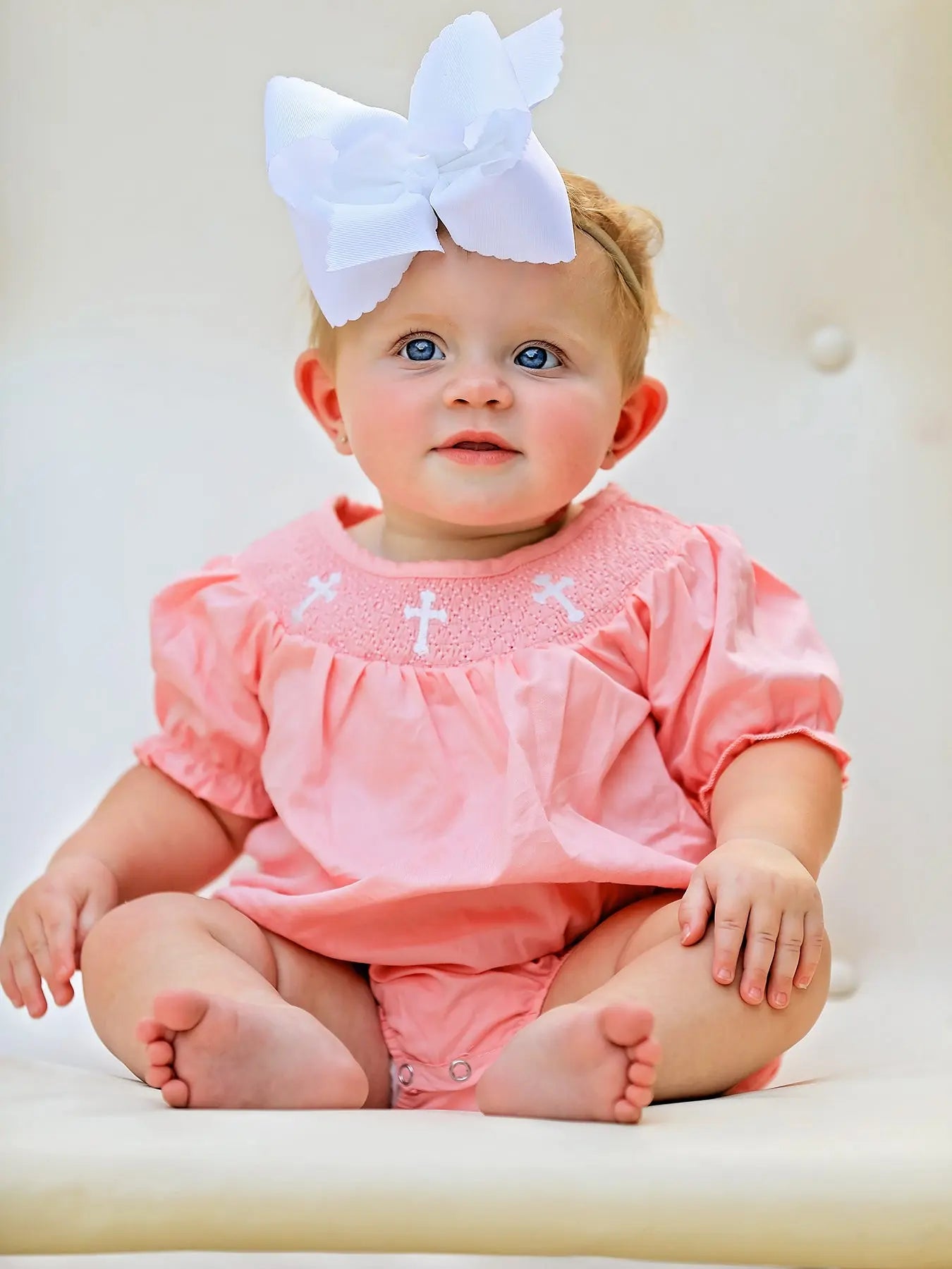 Coral Smocked Church Christ Bishop Christening Girls Romper Rylee Faith Designs Everetts Place: Online Boutique